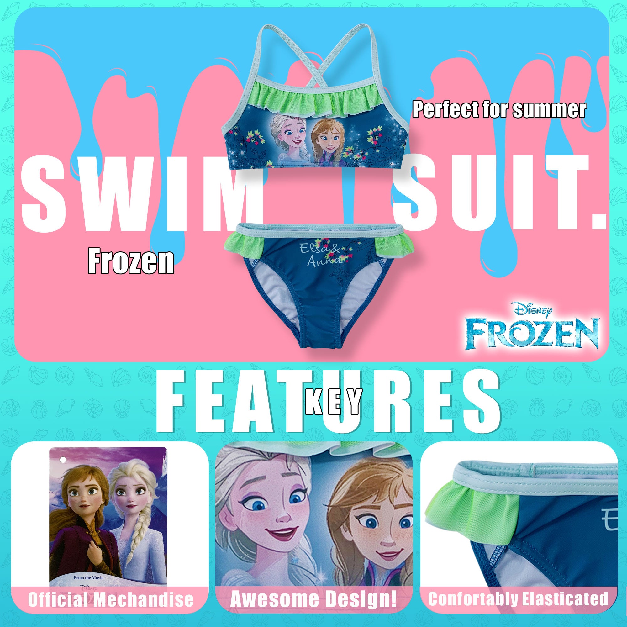 Costume da bagno bambina Disney Frozen Elsa e Anna due pezzi bikini mare 6155