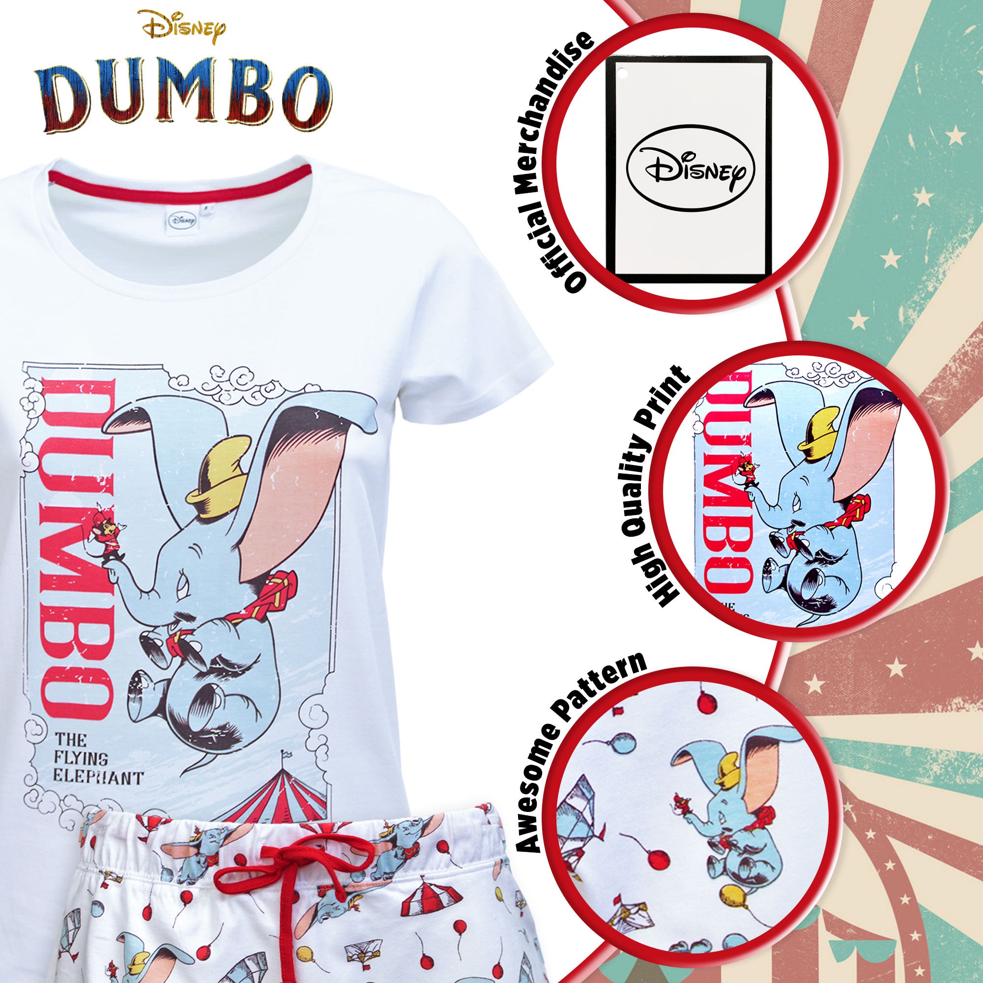 Pigiama donna Disney Dumbo T-shirt e shorties ragazza in cotone 6578