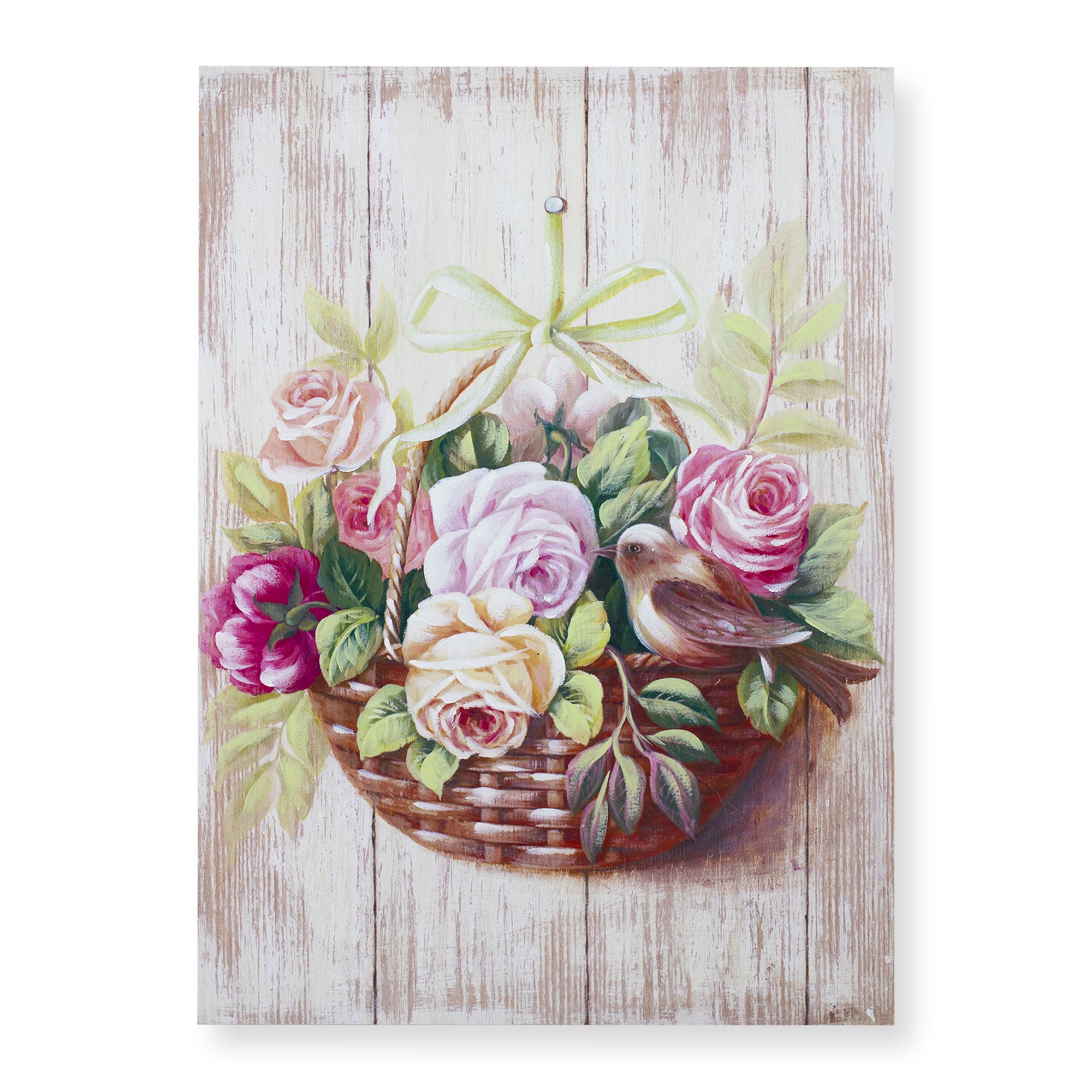 Quadro su legno decorativo Shabby Chic Nuvole di Stoffa cesto di fiori 6711