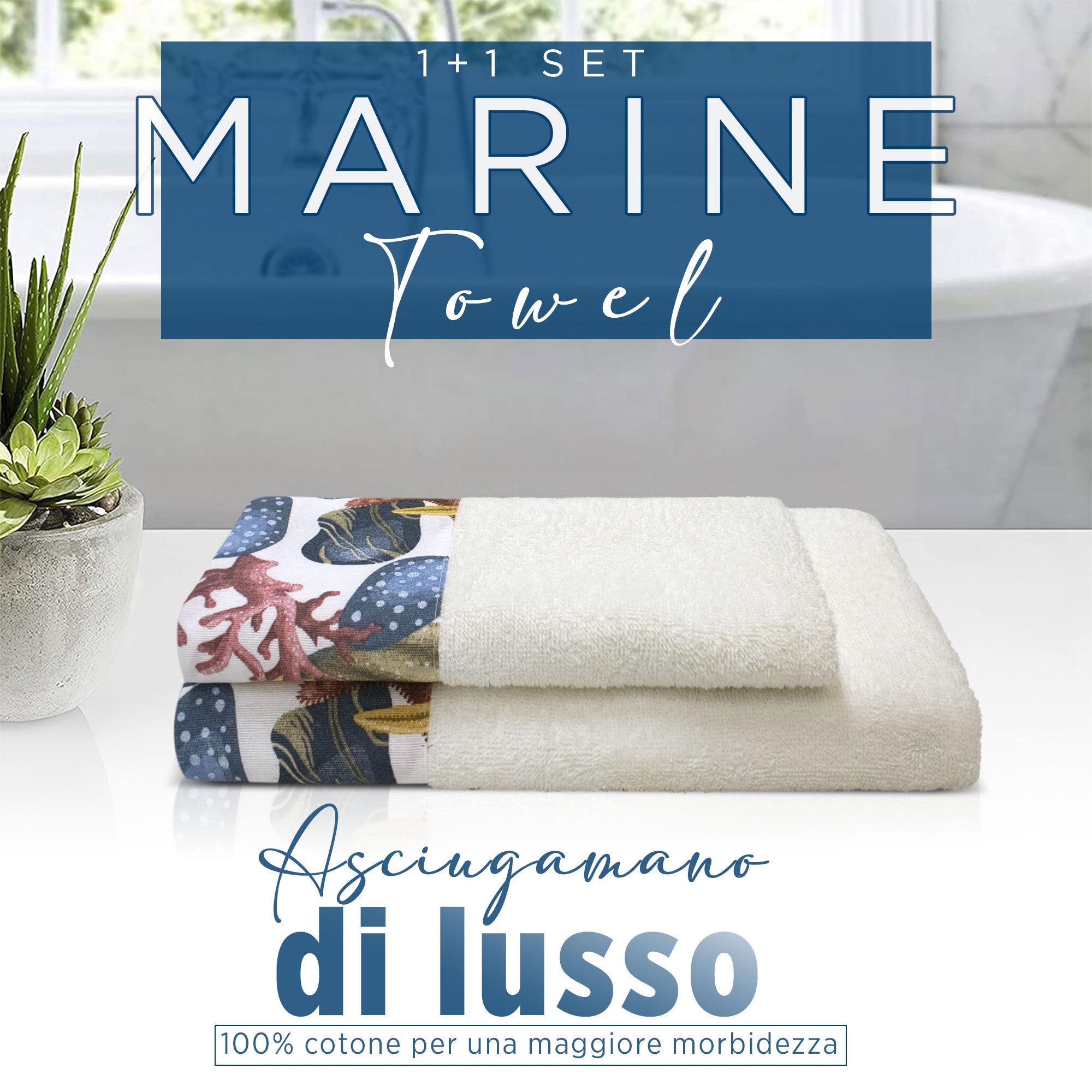 Asciugamani bagno stile marino Set 1+1 in spugna di cotone Viso e Ospite 6822