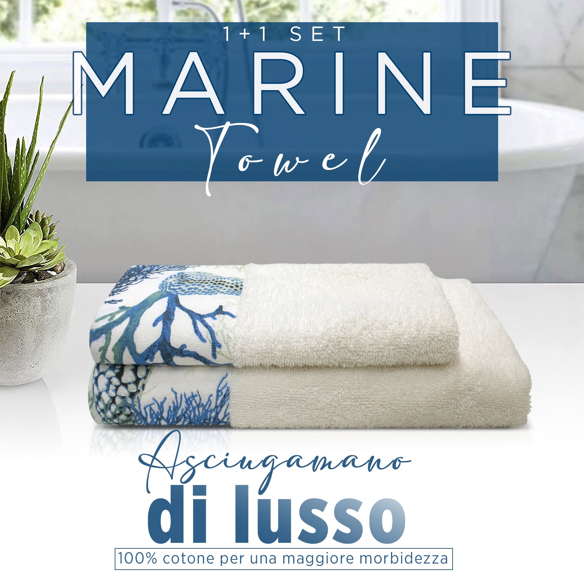 Asciugamani bagno stile marino Set 1+1 in spugna di cotone Viso e Ospite 6822