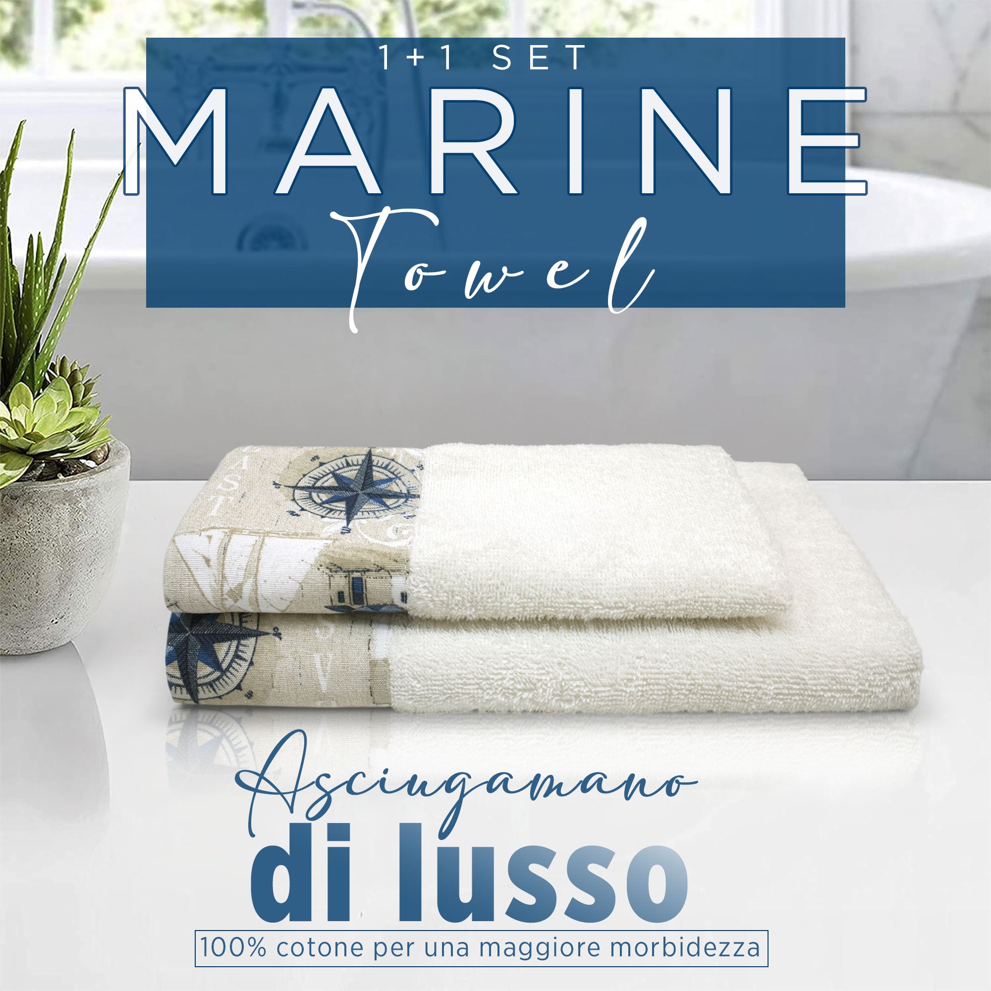 Asciugamani bagno stile marino Set 1+1 in spugna di cotone Viso e Ospite 6822