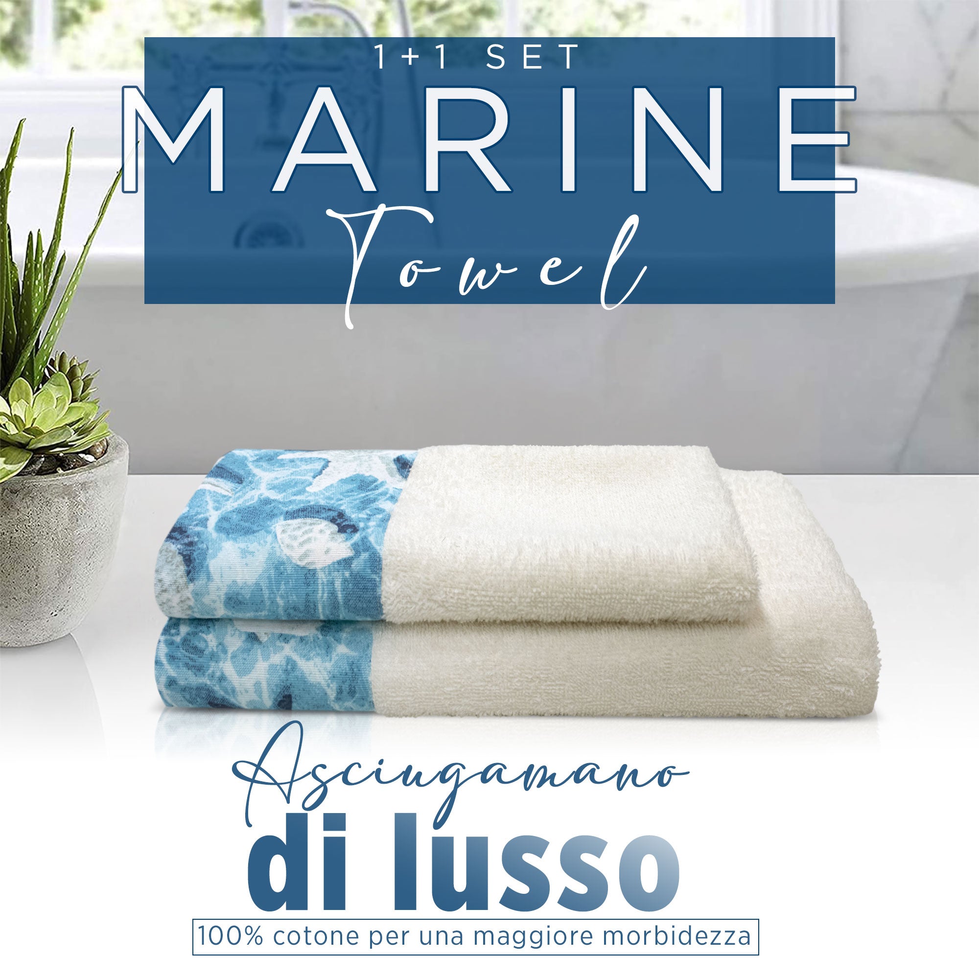 Asciugamani bagno stile marino Set 1+1 in spugna di cotone Viso e Ospite 6822