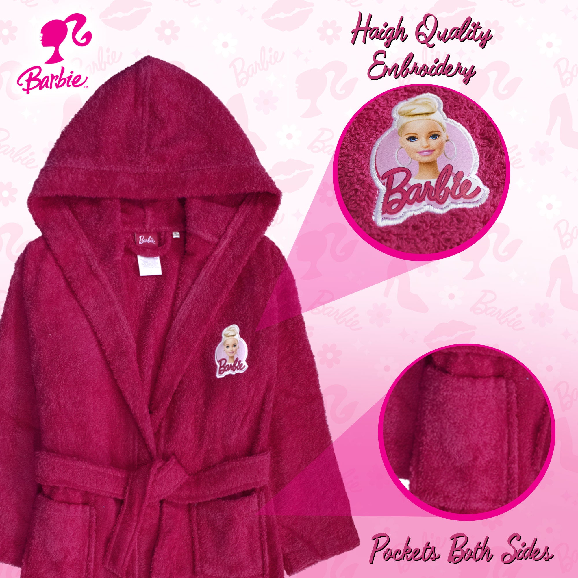 Accappatoio bambina Mattel Barbie spugna 100% cotone con cappuccio e ricamo 6841