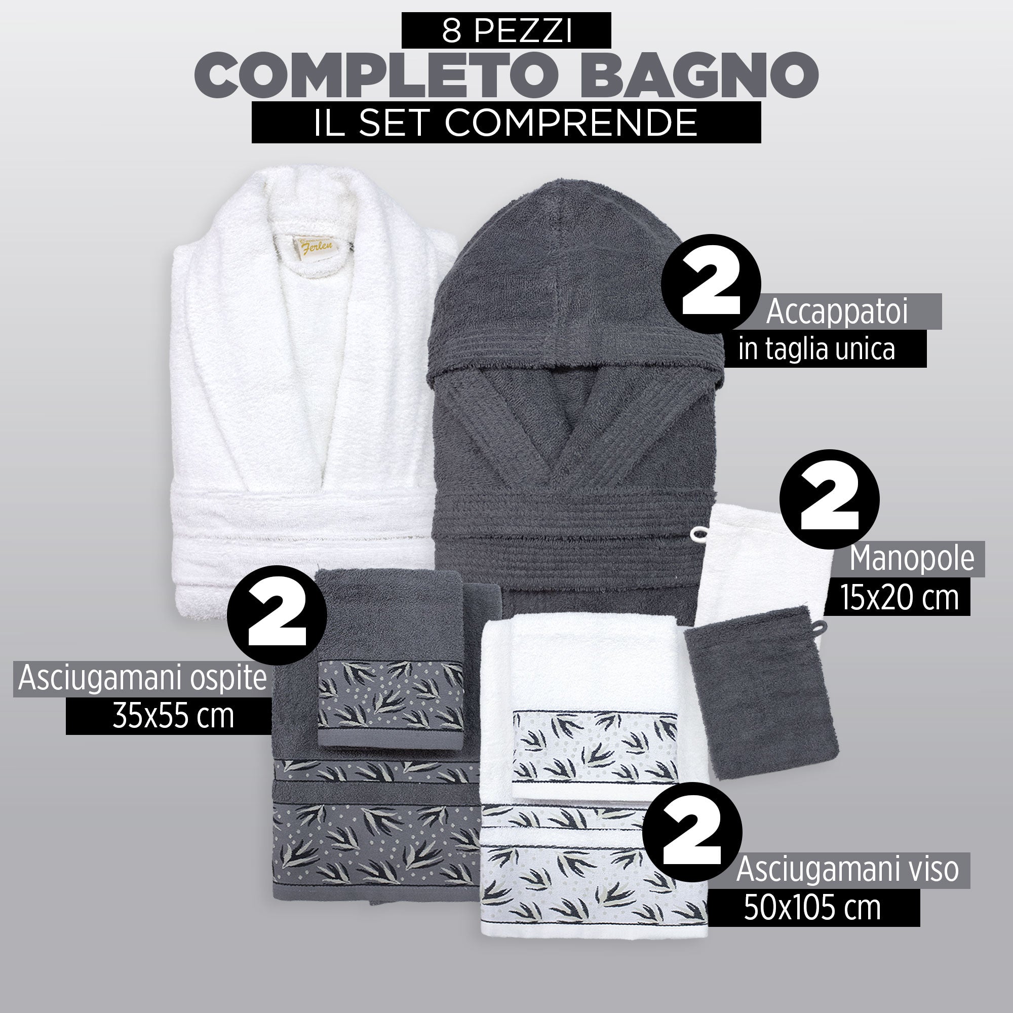 Completo bagno asciugamani accappatoi set uomo donna in spugna di cotone 6856