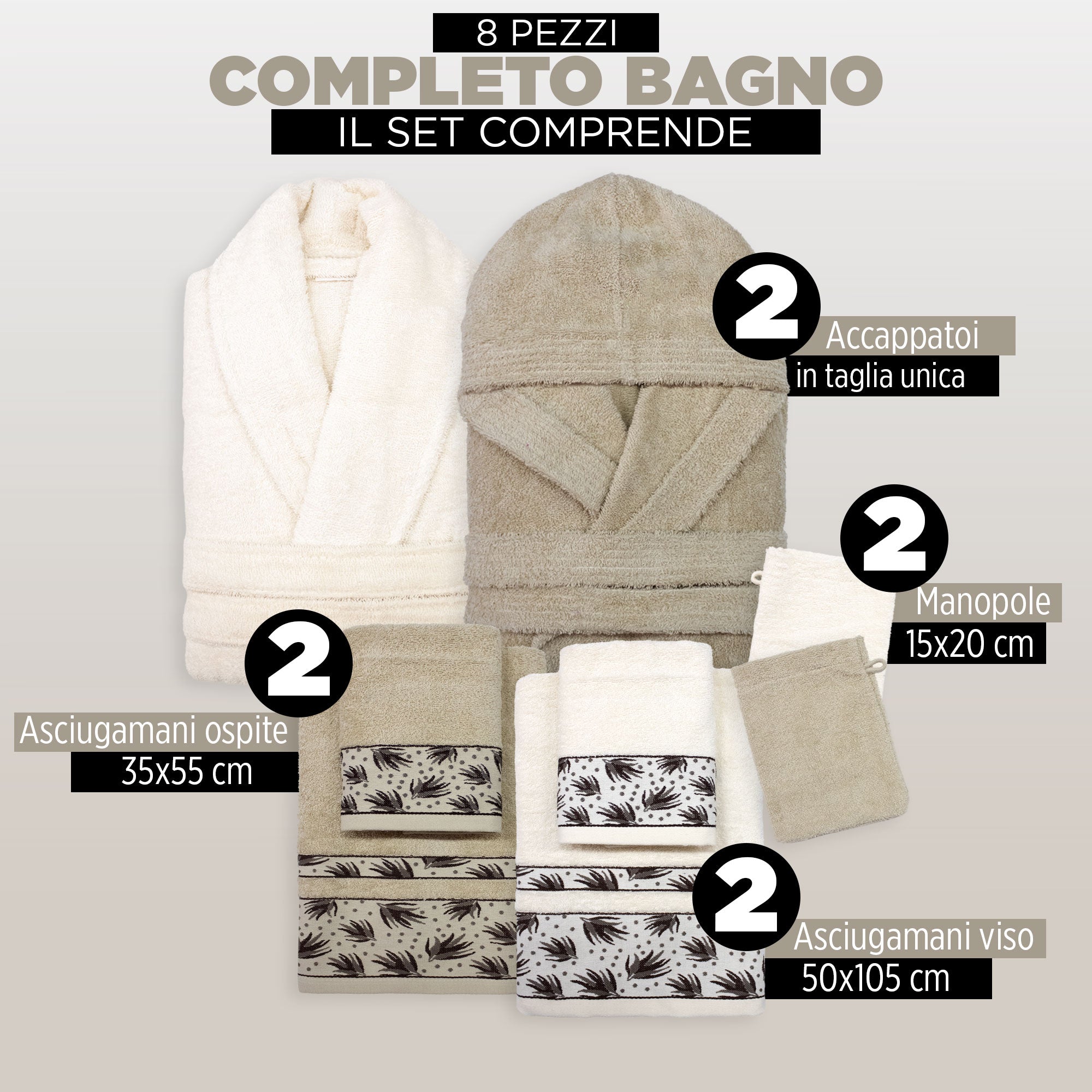 Completo bagno asciugamani accappatoi set uomo donna in spugna di cotone 6856