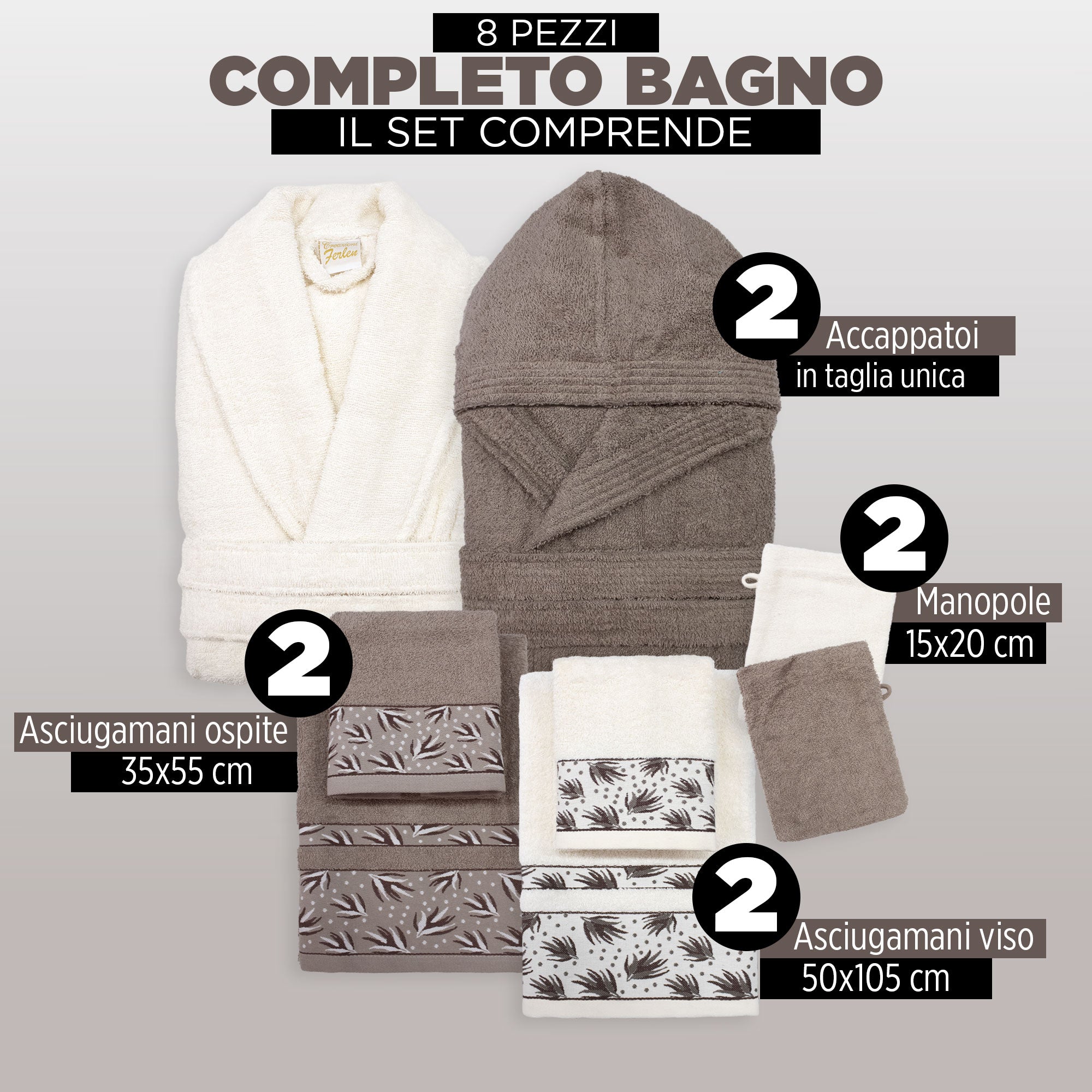 Completo bagno asciugamani accappatoi set uomo donna in spugna di cotone 6856