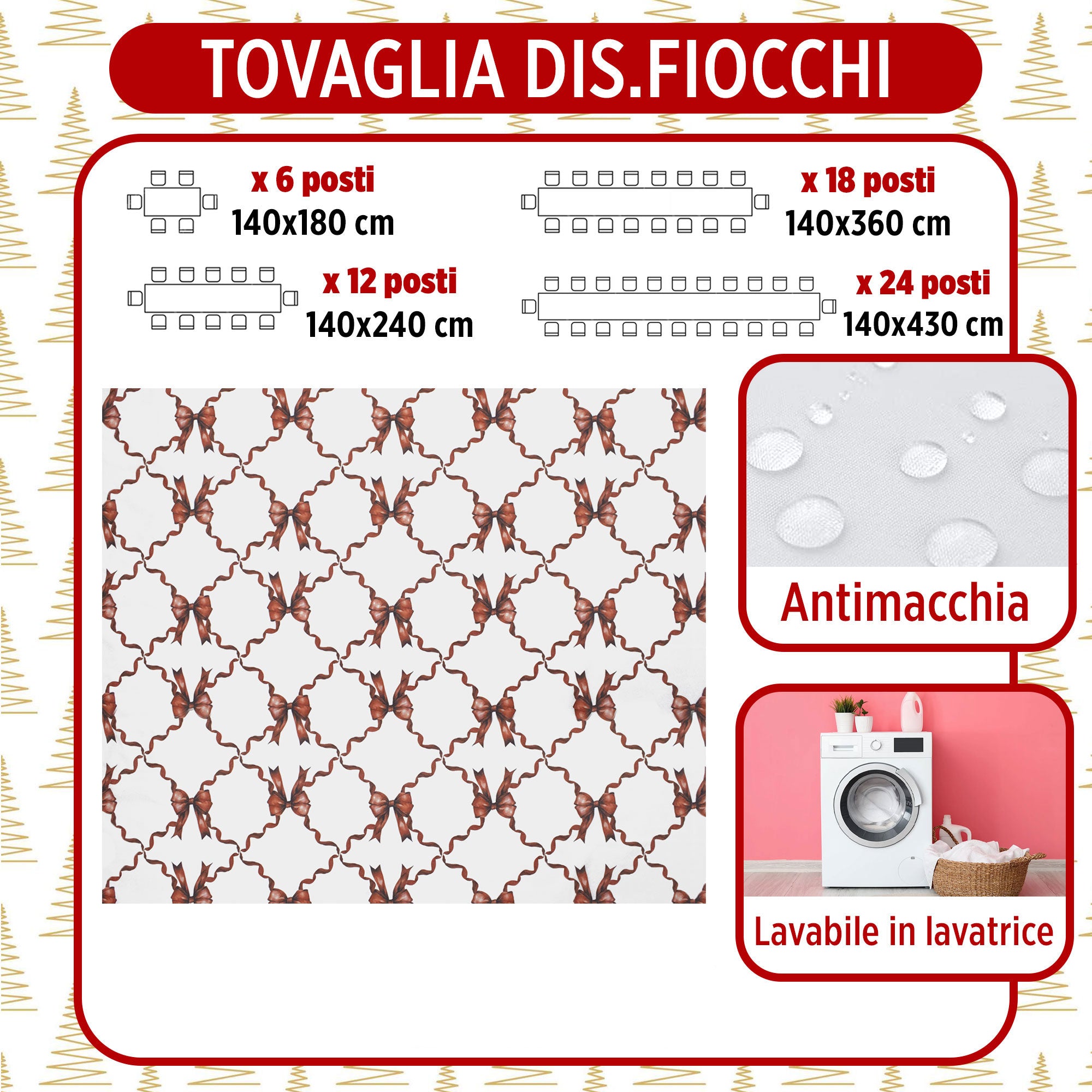 Tovaglia Natalizia 6 posti antimacchia fiocco Natale impermeabile no stiro 6907