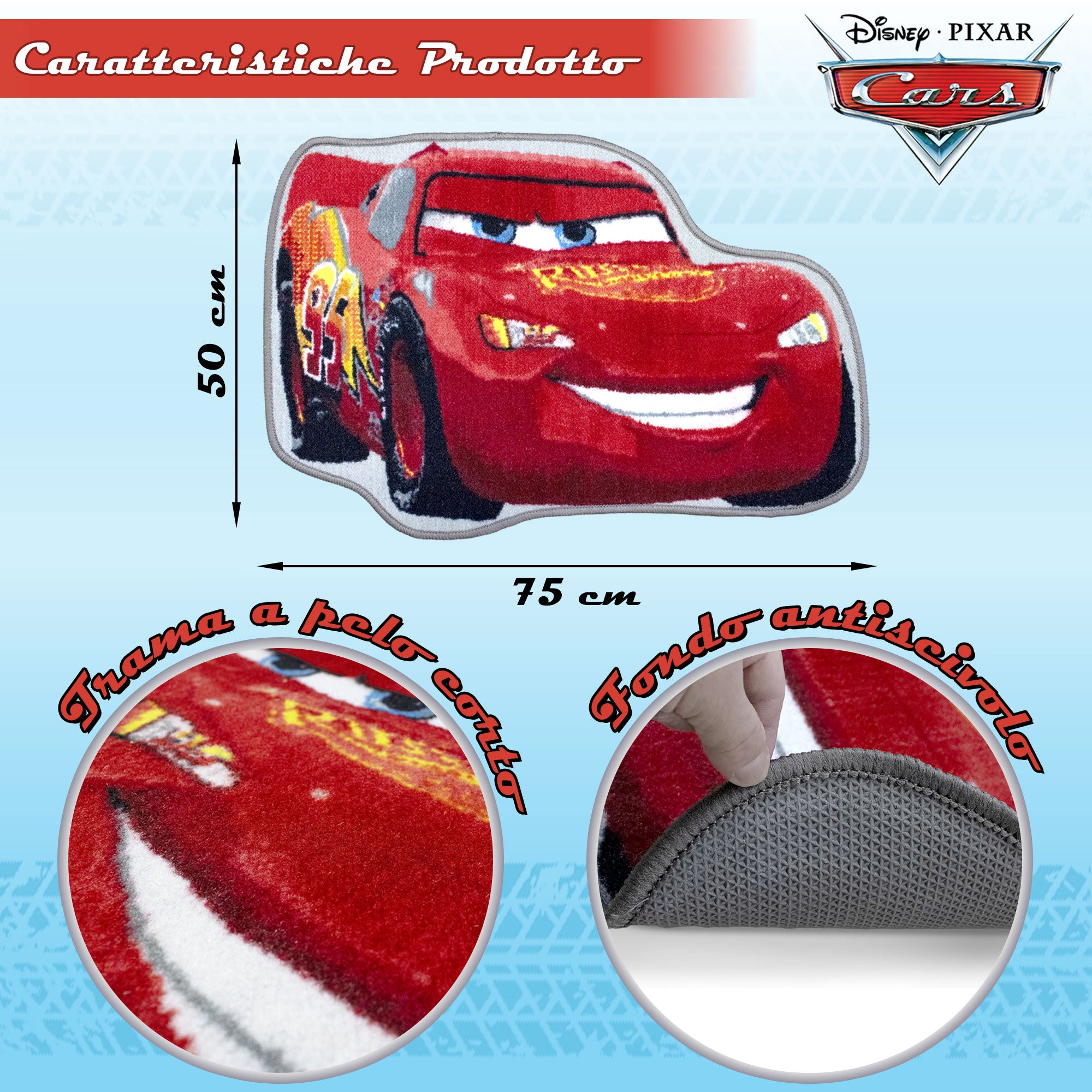 Tappeto Disney Cars sagomato antiscivolo bambini Saetta Mcqueen 50x75cm 6912