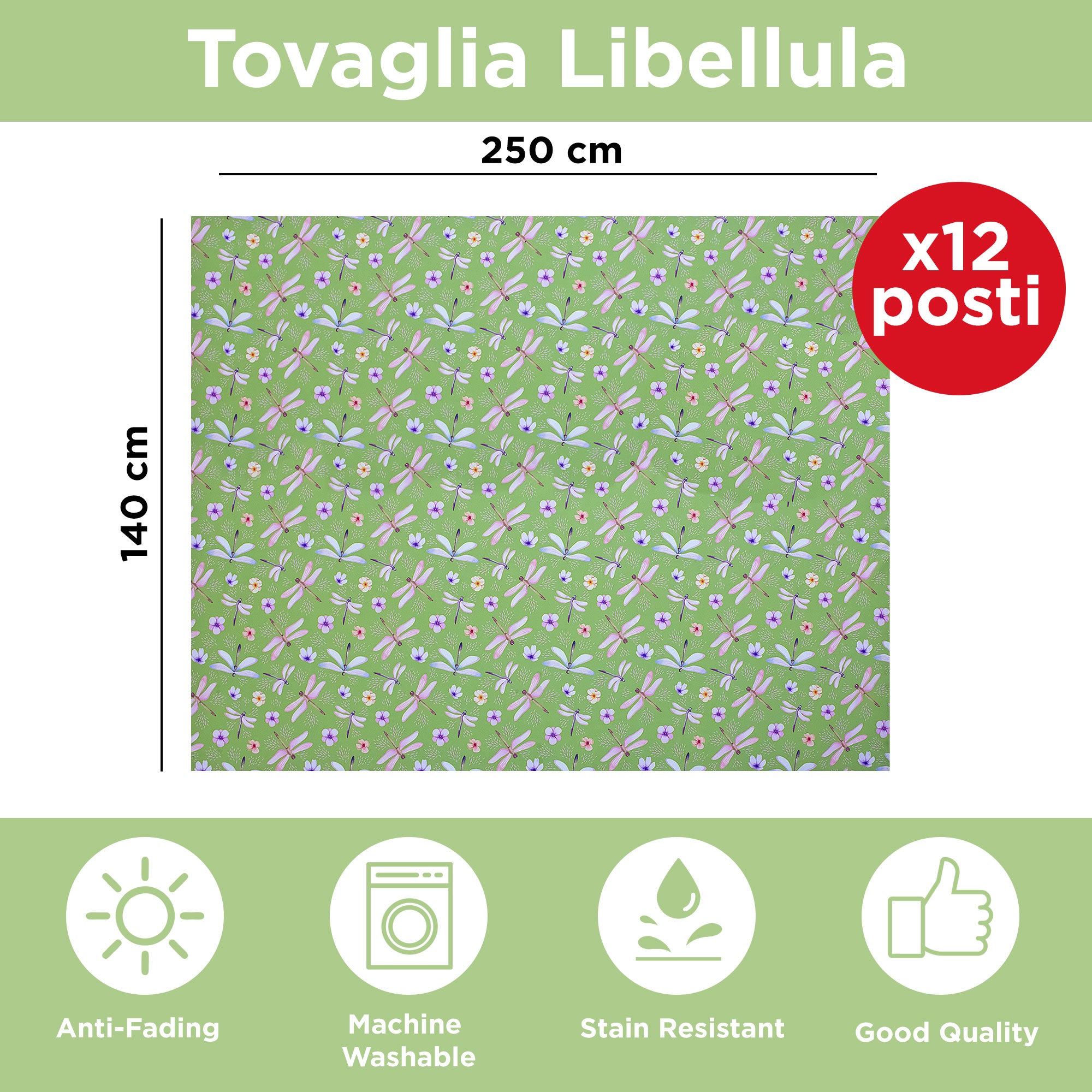 Tovaglia antimacchia copritavolo impermeabile x12 stampa Libellula 140x250 6920