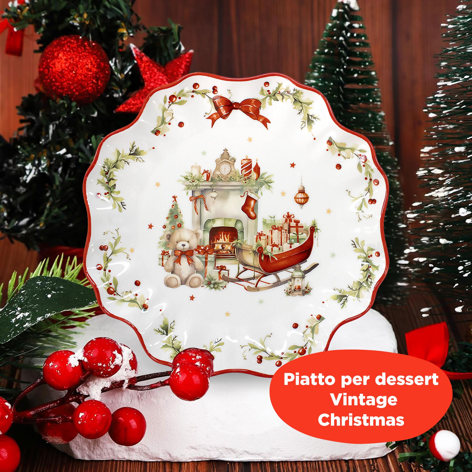 Piatto da dessert natalizio vintage in porcellana Albero Natale 6940