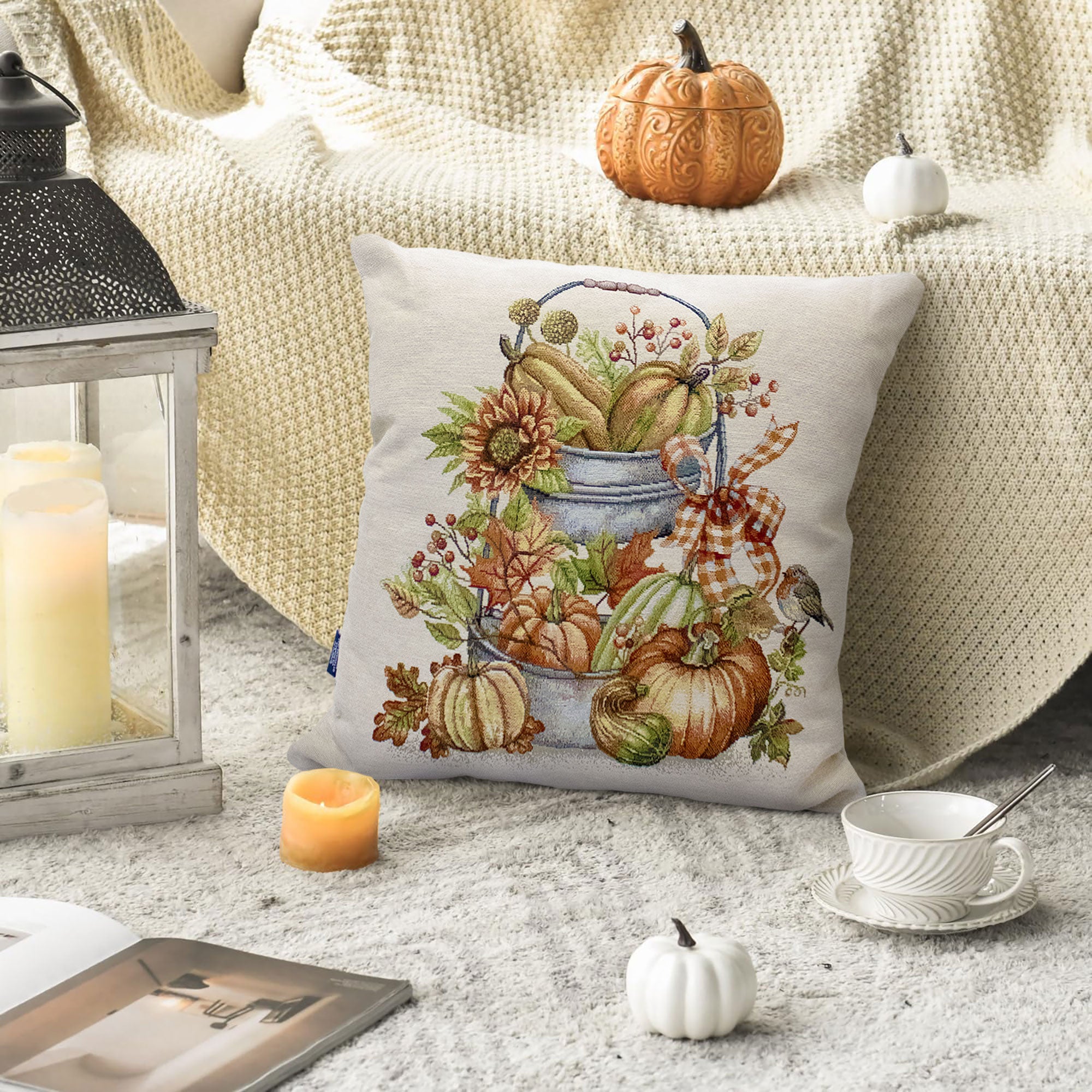 Cuscino arredo decorativo zucca in gobelin autunnale Halloween 45x45cm 6949