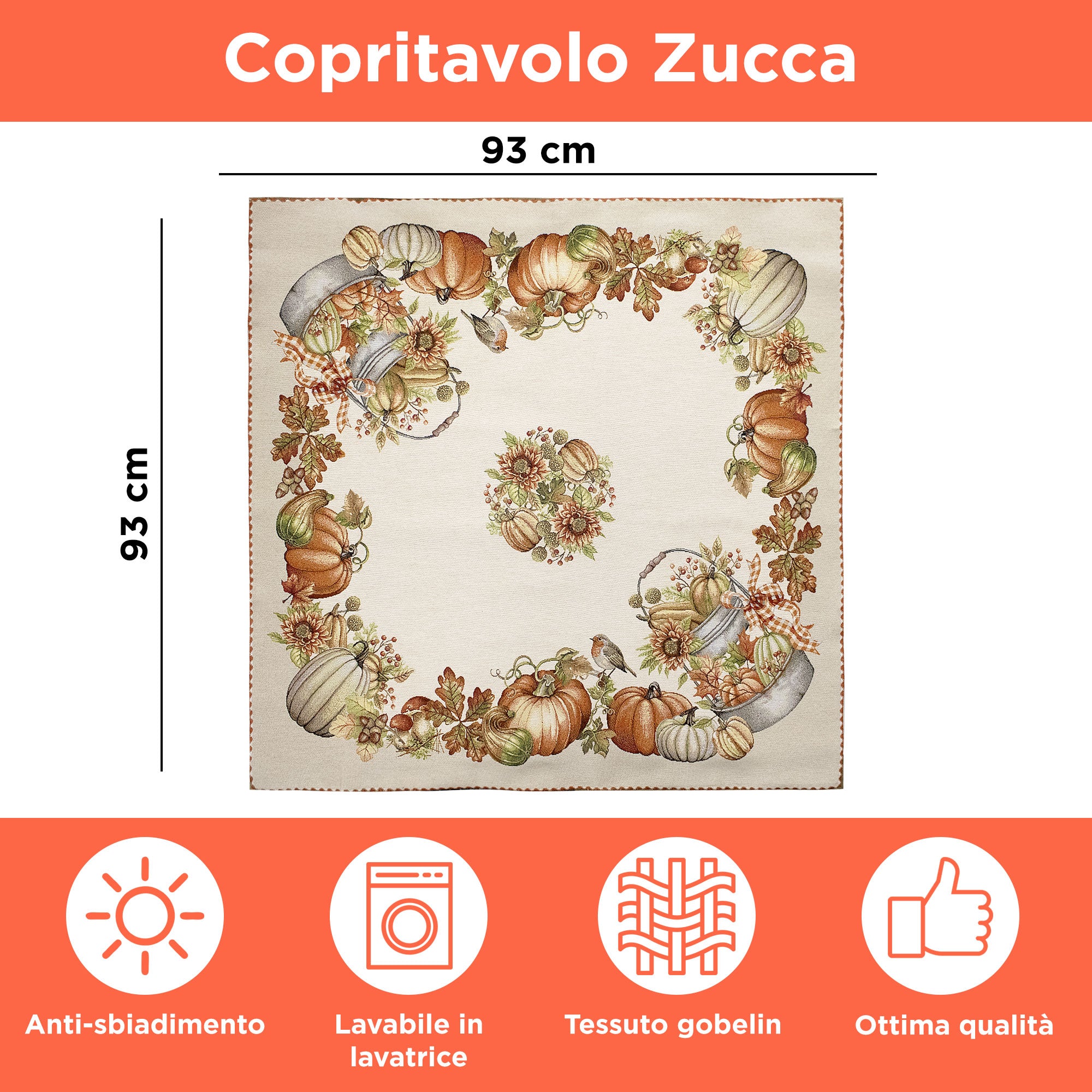 Centrotavola autunnale zucca in gobelin decoro Halloween 93x93cm 6951