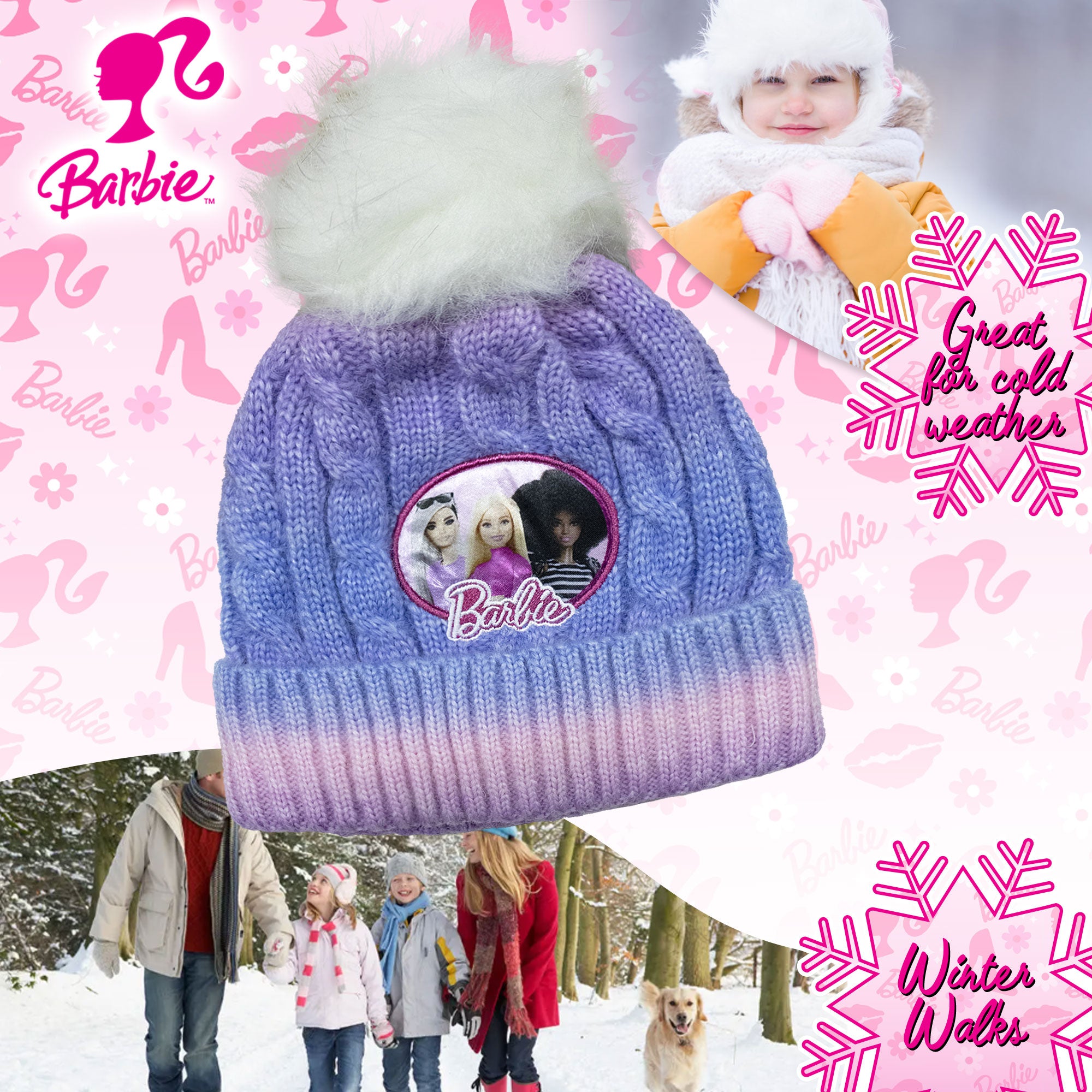 Cappello Barbie per bambina invernale cappellino in maglia con pon pon 6960