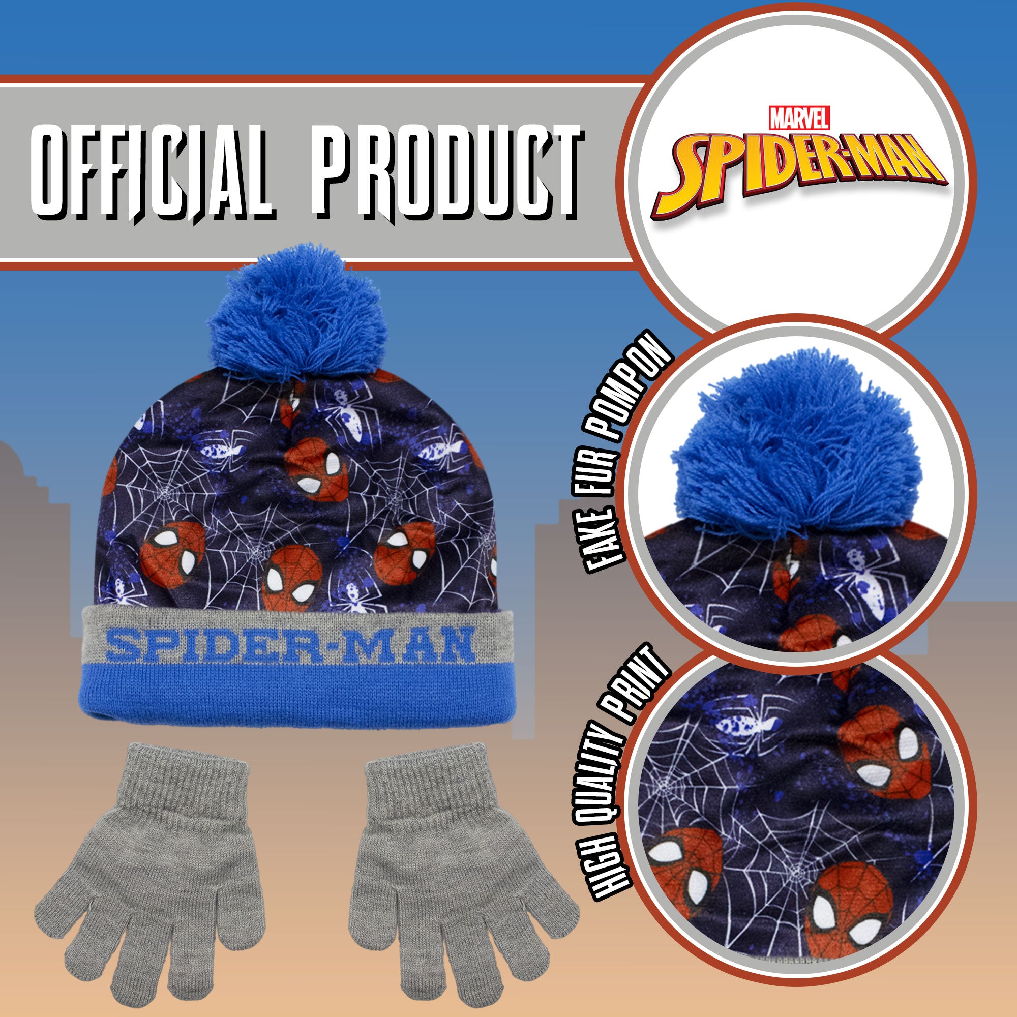 Cappello e guanti Spiderman per bambino invernale cappellino con pon pon 6961