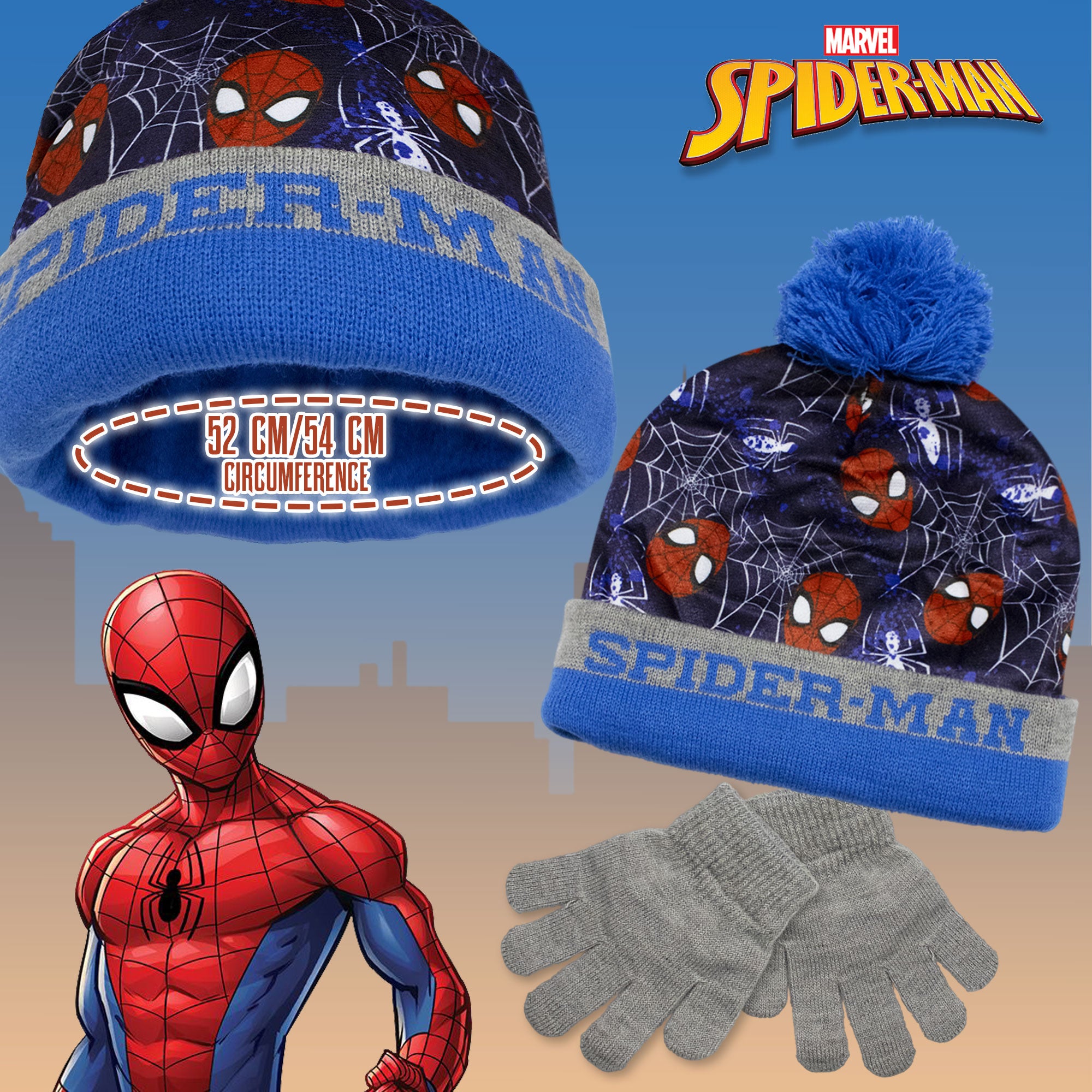 Cappello e guanti Spiderman per bambino invernale cappellino con pon pon 6961