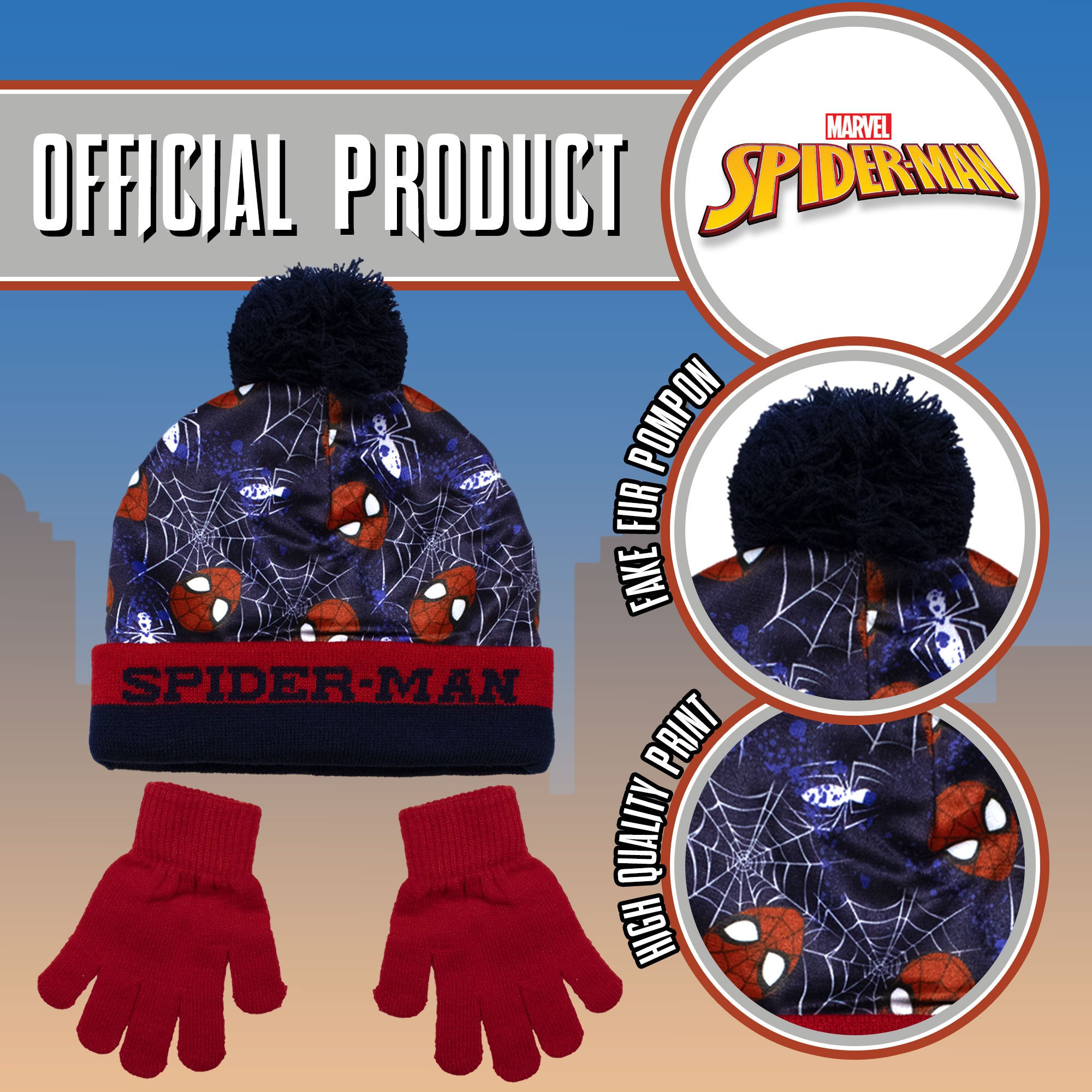 Cappello e guanti Spiderman per bambino invernale cappellino con pon pon 6961