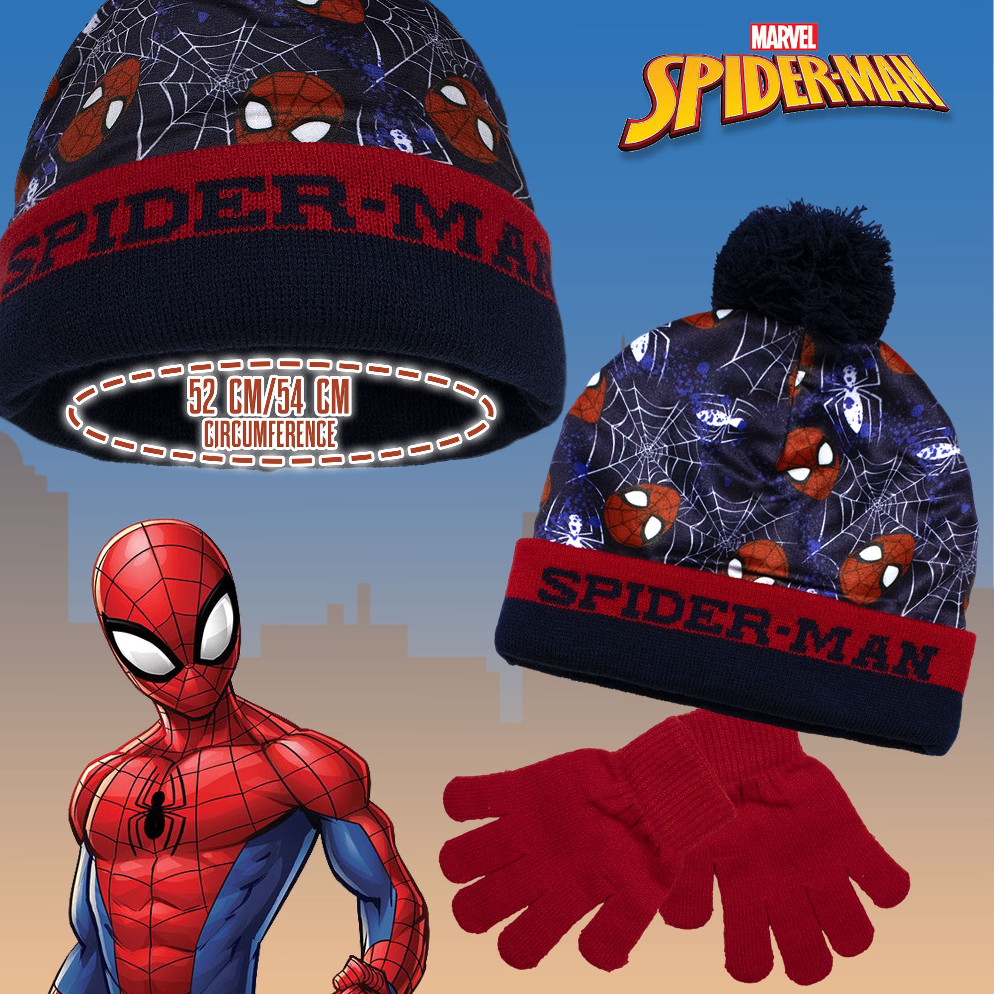 Cappello e guanti Spiderman per bambino invernale cappellino con pon pon 6961