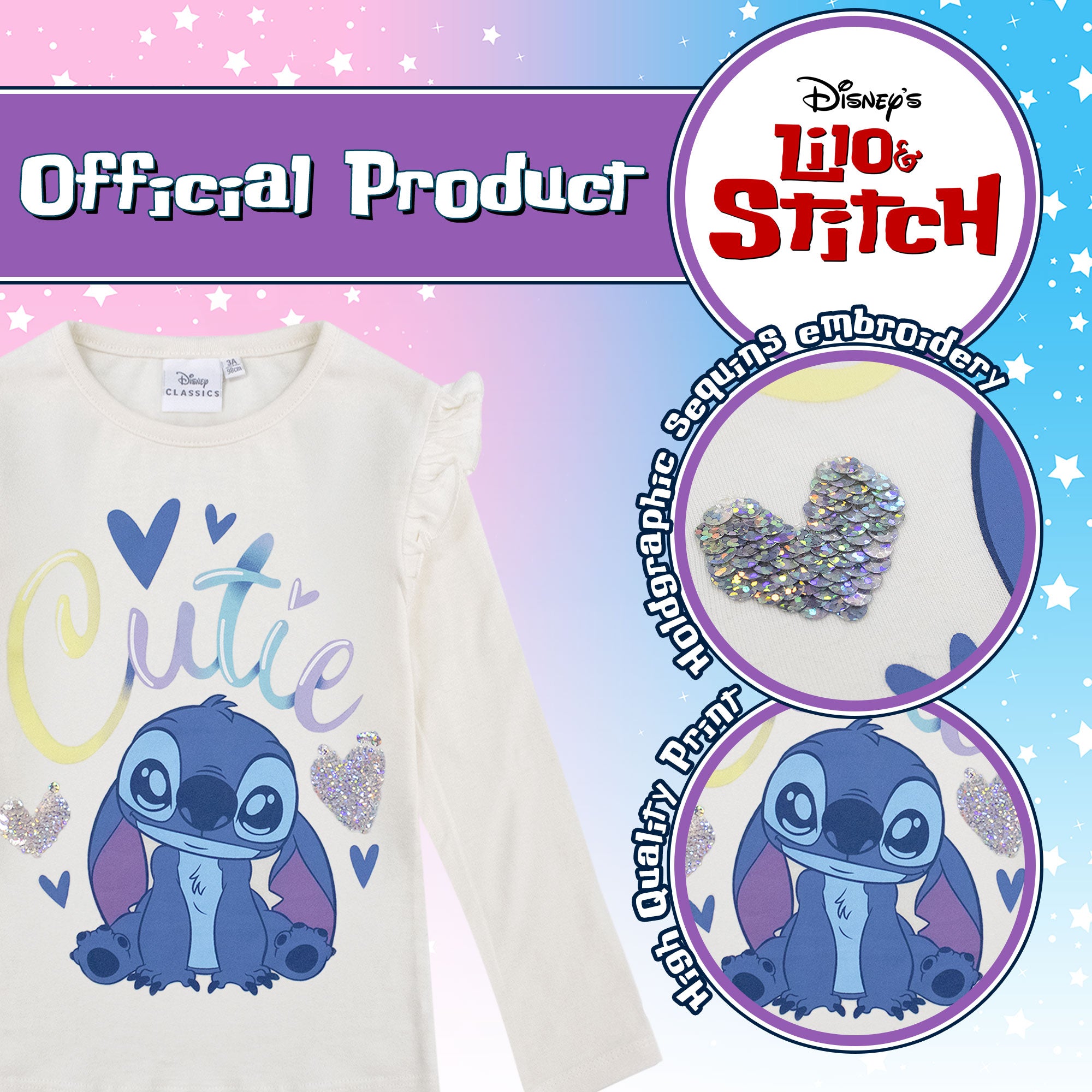 Disney Lilo and Stitch T-Shirt for Girls Long Sleeve Cotton Shirt 6962