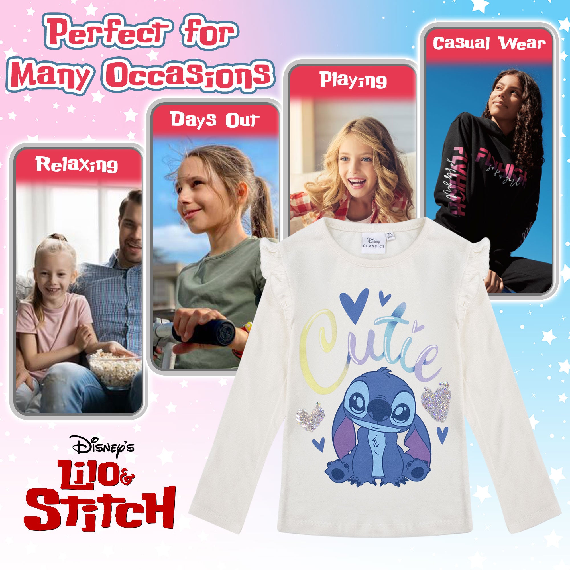 Disney Lilo and Stitch T-Shirt for Girls Long Sleeve Cotton Shirt 6962