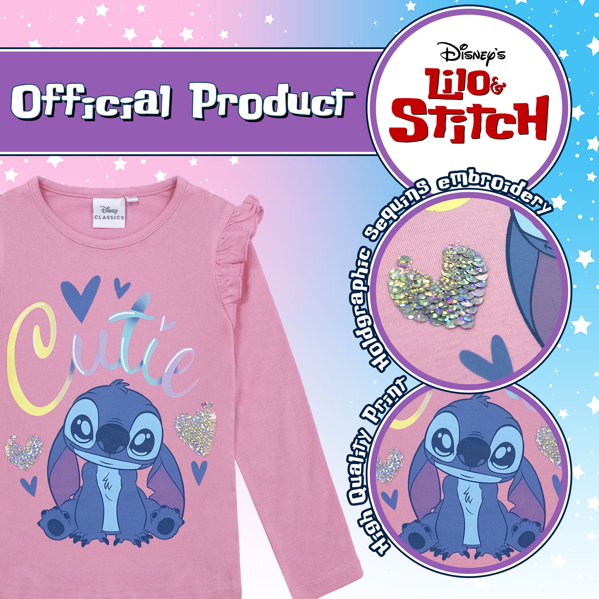 Disney Lilo and Stitch T-Shirt for Girls Long Sleeve Cotton Shirt 6962