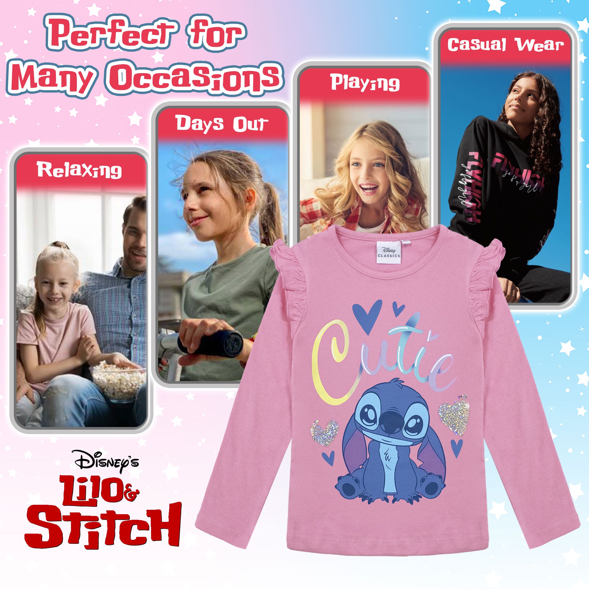 Disney Lilo and Stitch T-Shirt for Girls Long Sleeve Cotton Shirt 6962