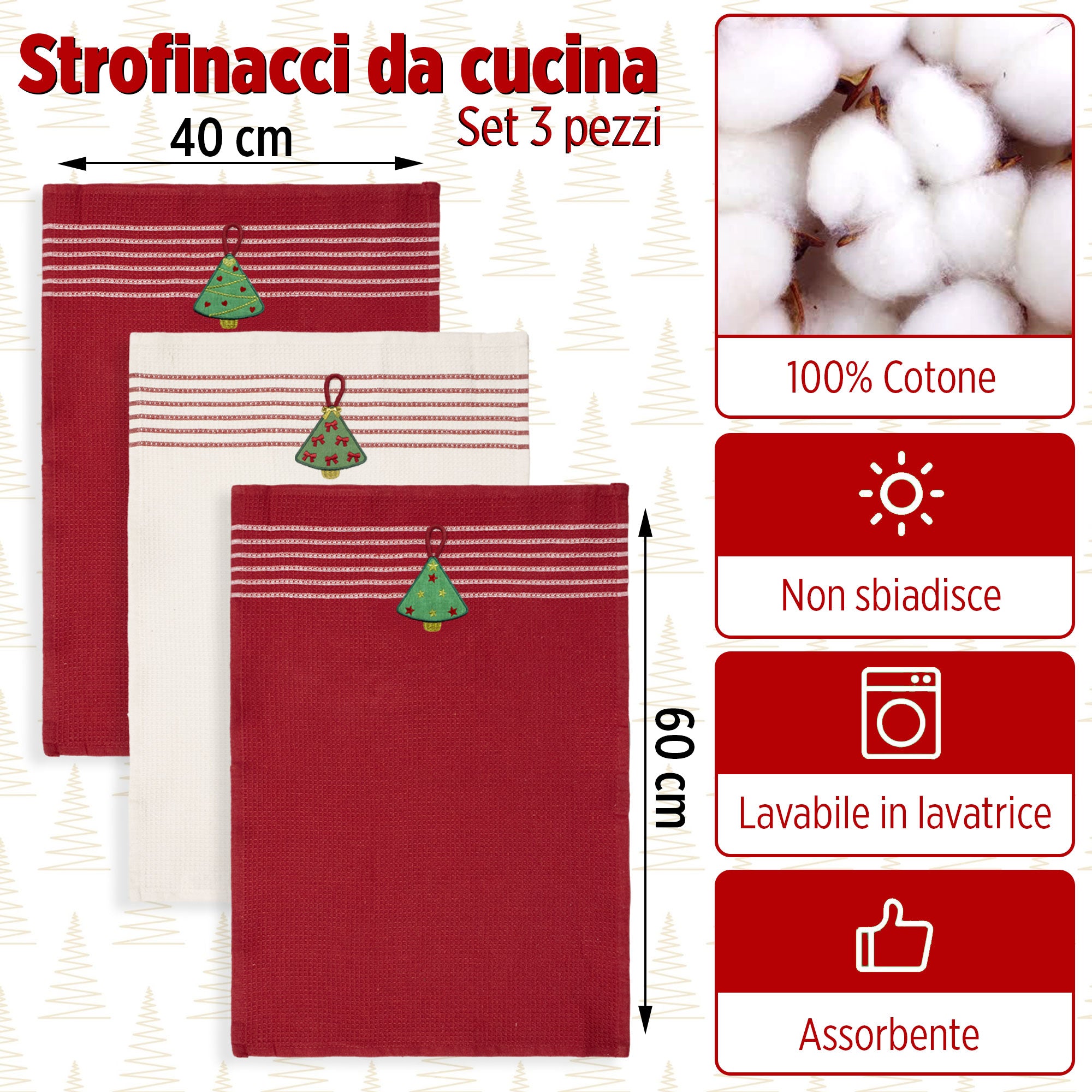 Set Strofinacci Natalizi Canovacci ricamati 3 Pezzi Decoro Natale 6971