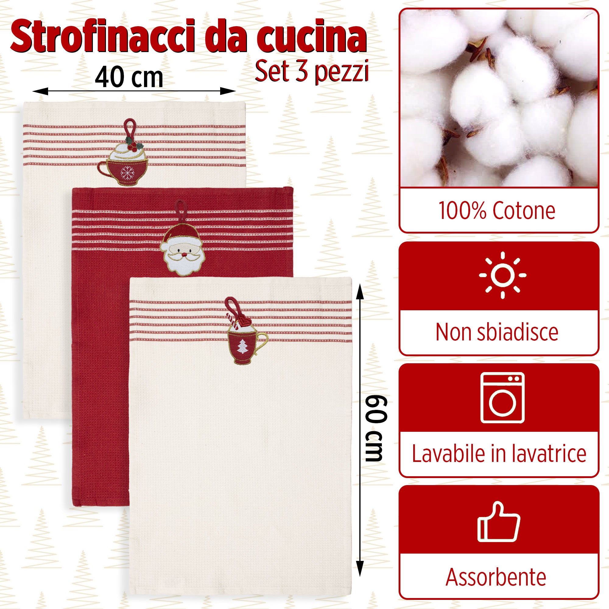 Set Strofinacci Natalizi Canovacci ricamati 3 Pezzi Decoro Natale 6971