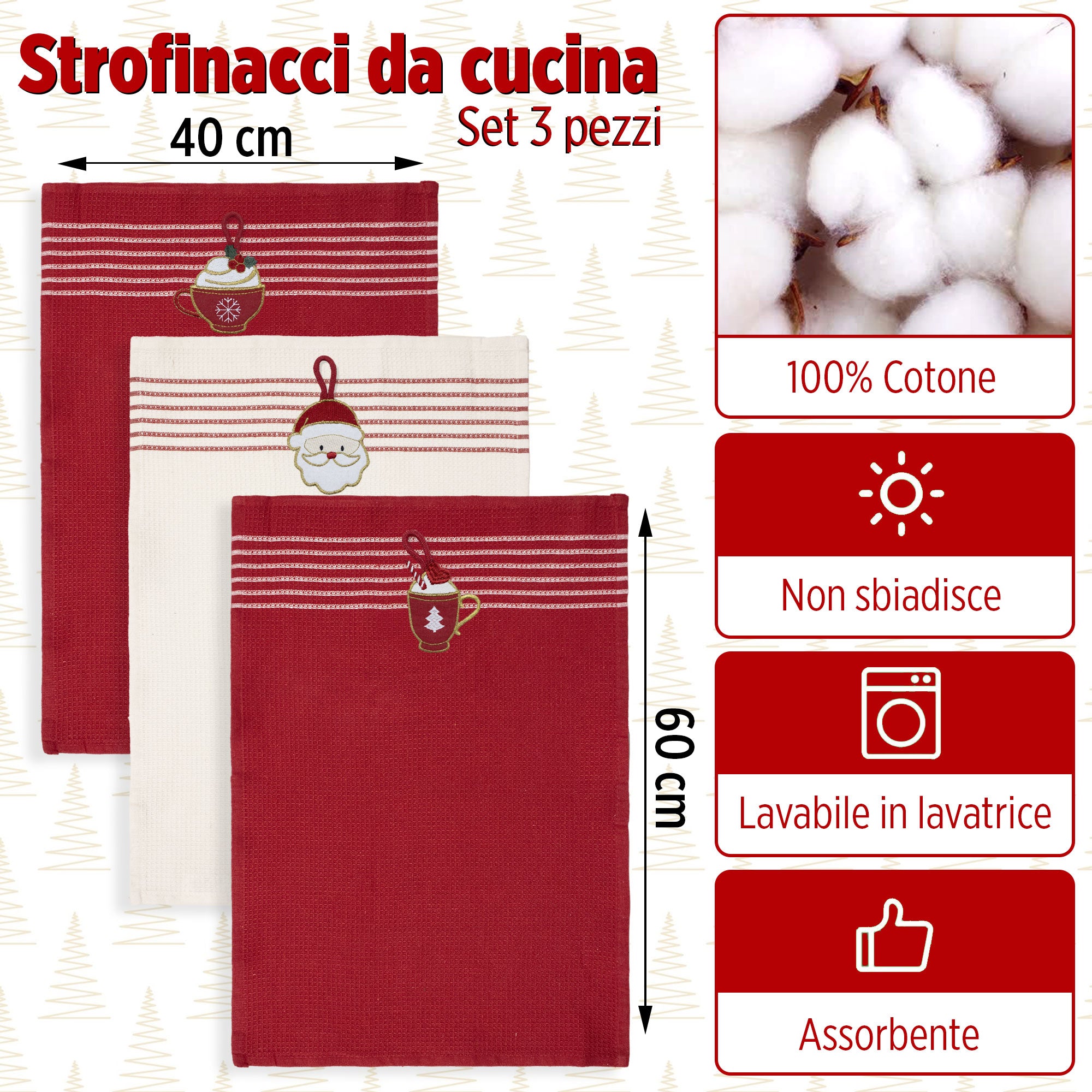 Set Strofinacci Natalizi Canovacci ricamati 3 Pezzi Decoro Natale 6971