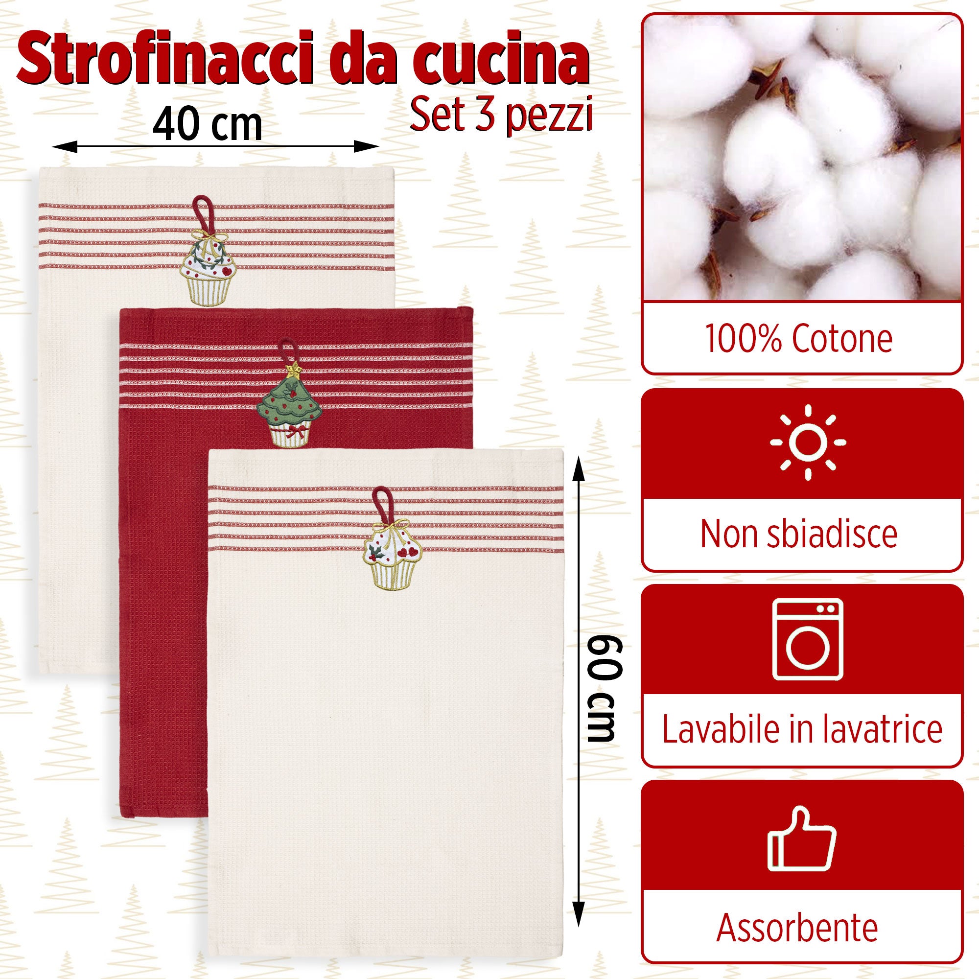 Set Strofinacci Natalizi Canovacci ricamati 3 Pezzi Decoro Natale 6971