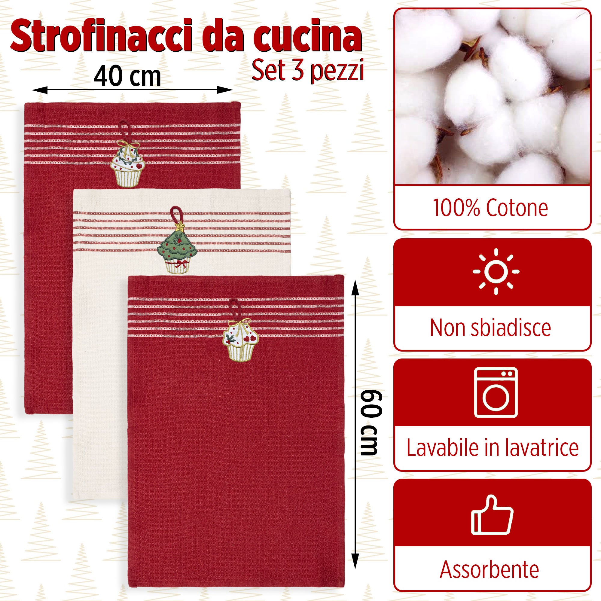 Set Strofinacci Natalizi Canovacci ricamati 3 Pezzi Decoro Natale 6971