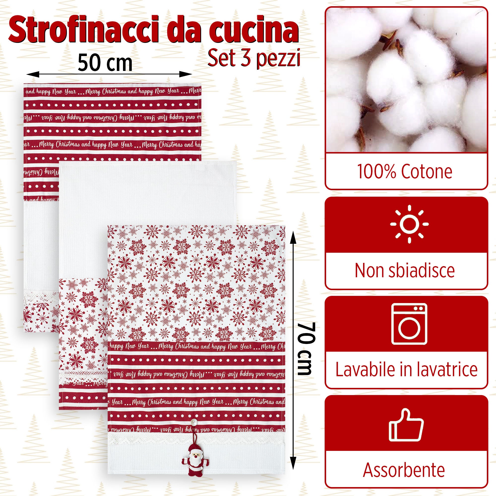 Set Strofinacci Natalizi Canovacci ricamati 3 Pezzi Decoro Natale 6972