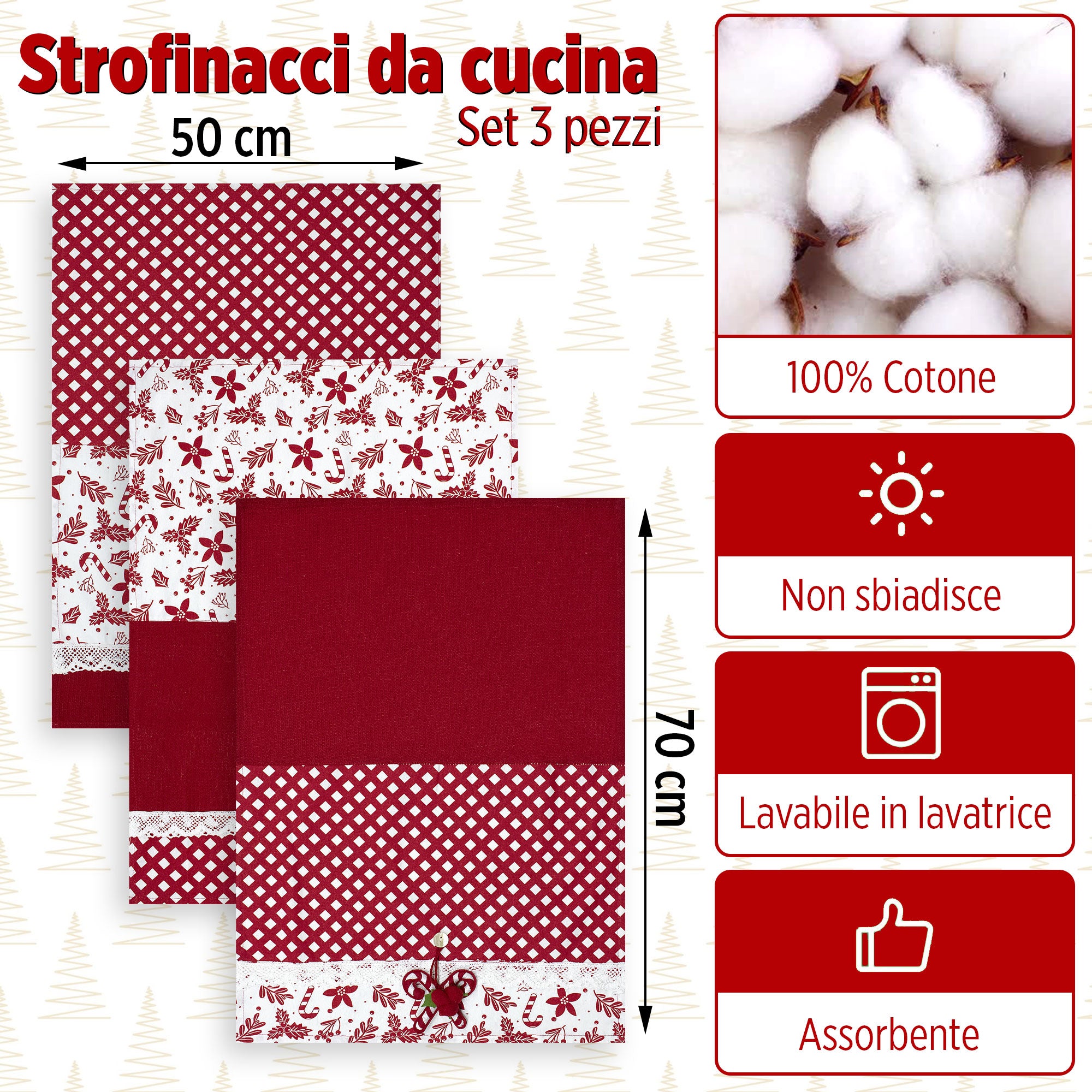 Set Strofinacci Natalizi Canovacci ricamati 3 Pezzi Decoro Natale 6972