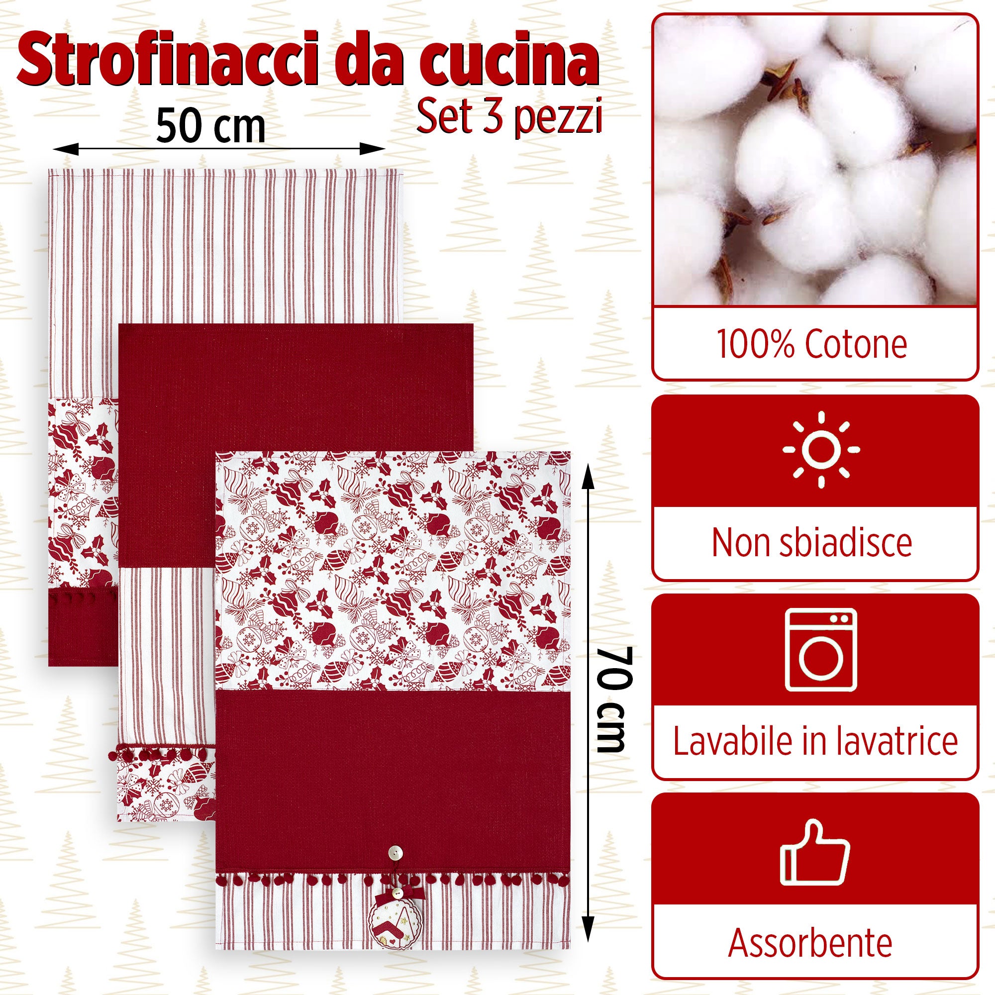 Set Strofinacci Natalizi Canovacci ricamati 3 Pezzi Decoro Natale 6972