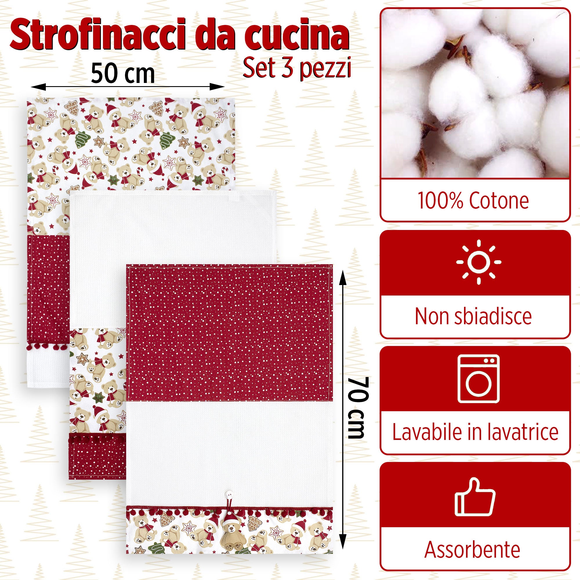 Set Strofinacci Natalizi Canovacci ricamati 3 Pezzi Decoro Natale 6972