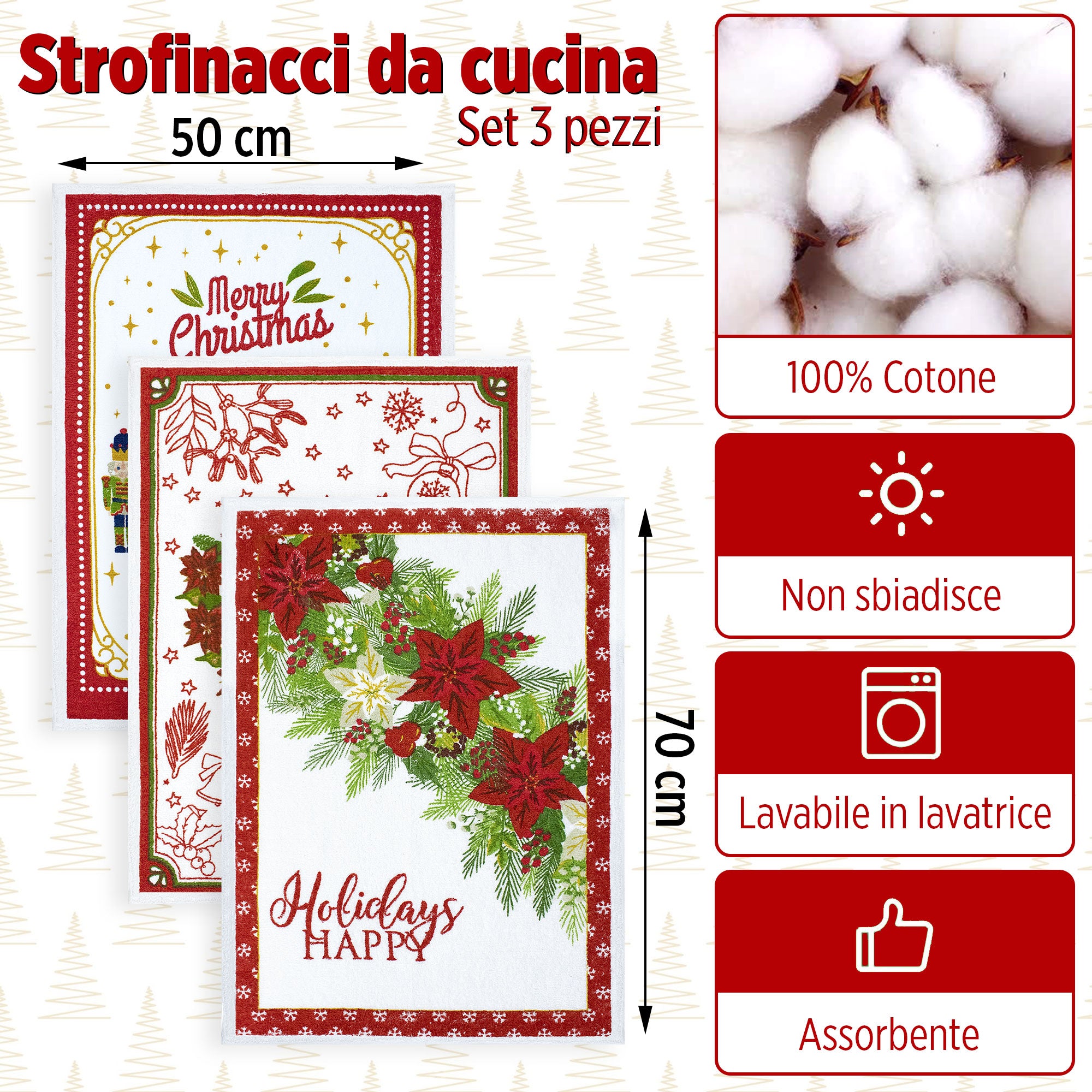 Set Strofinacci Natalizi Canovacci in spugna 3 Pezzi Decoro Natale 6973