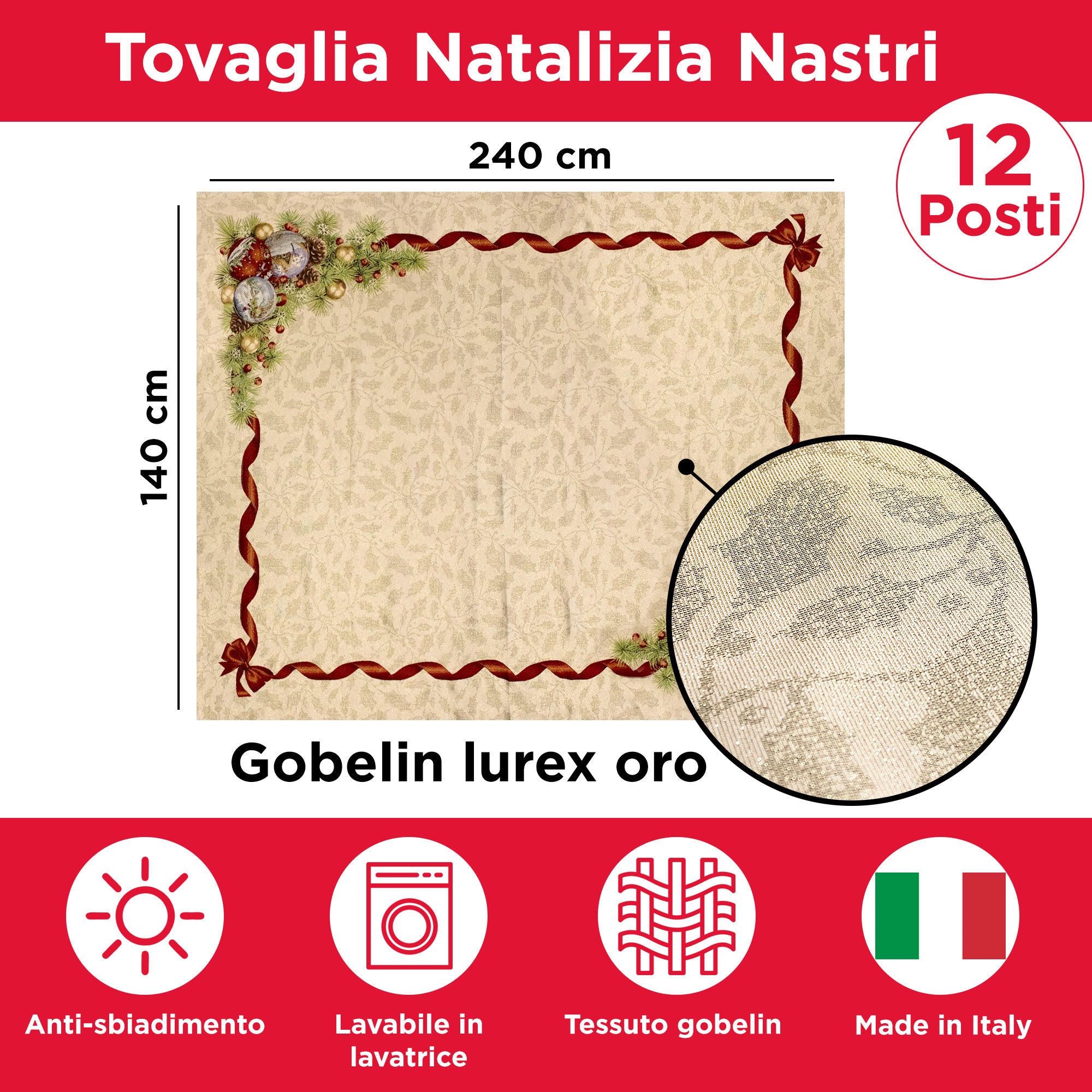 Tovaglia Natalizia in gobelin Copritavolo Natale Nastri in varie misure 6978