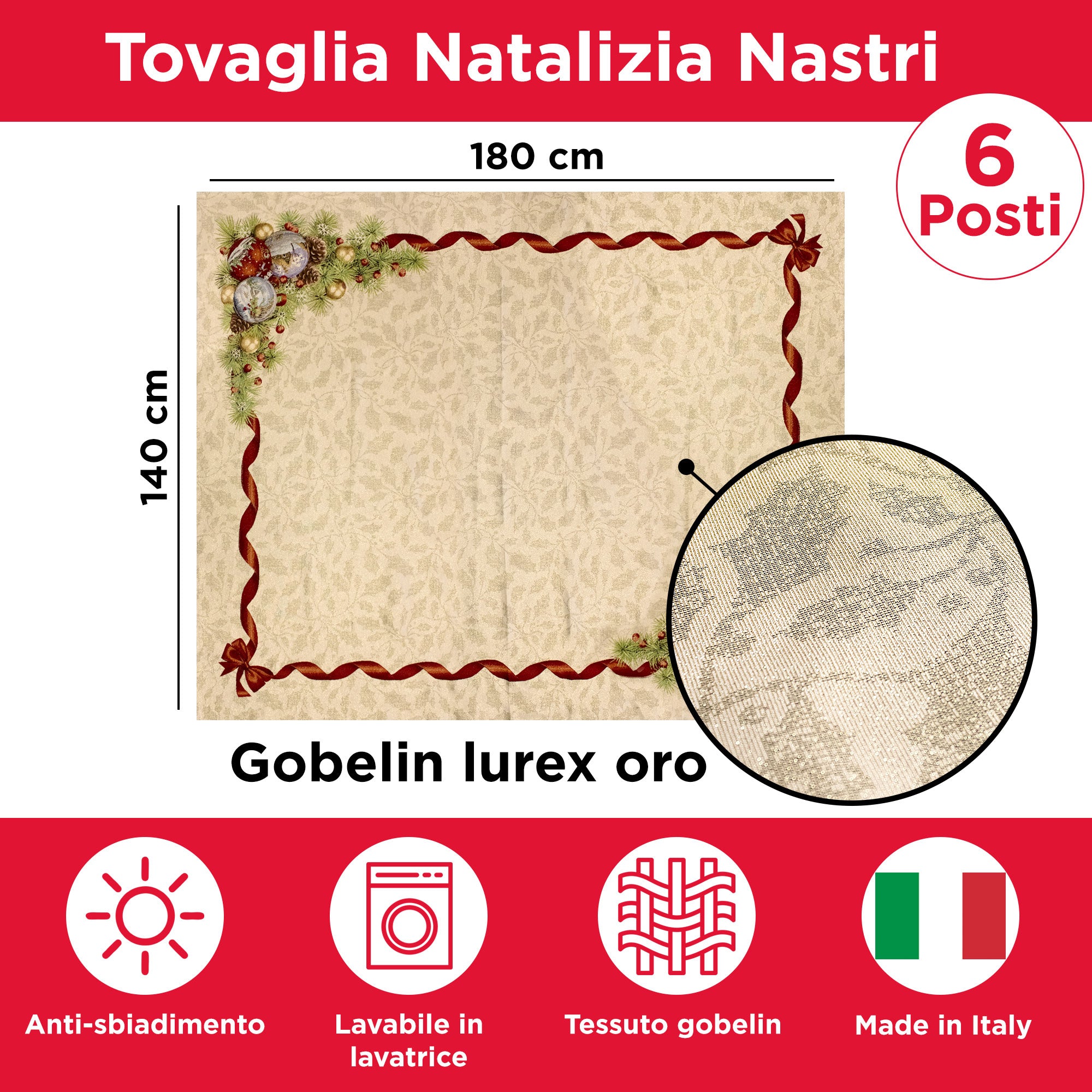 Tovaglia Natalizia in gobelin Copritavolo Natale Nastri in varie misure 6978