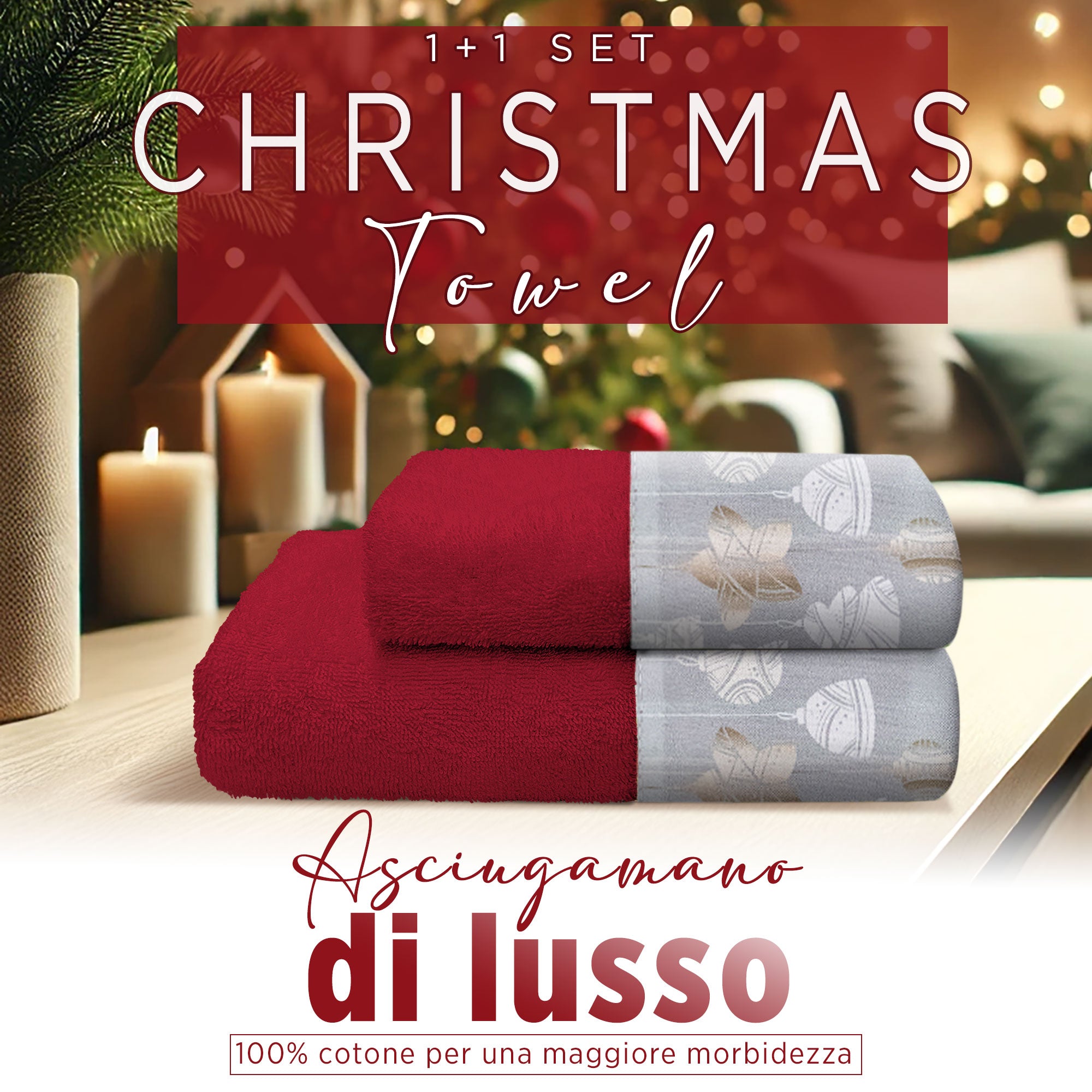 Asciugamani Natalizi Bagno set 1+1 in Spugna di Cotone Decoro Natale 6982