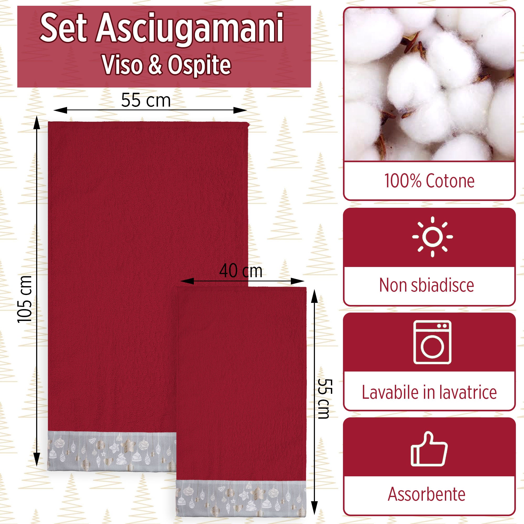 Asciugamani Natalizi Bagno set 1+1 in Spugna di Cotone Decoro Natale 6982