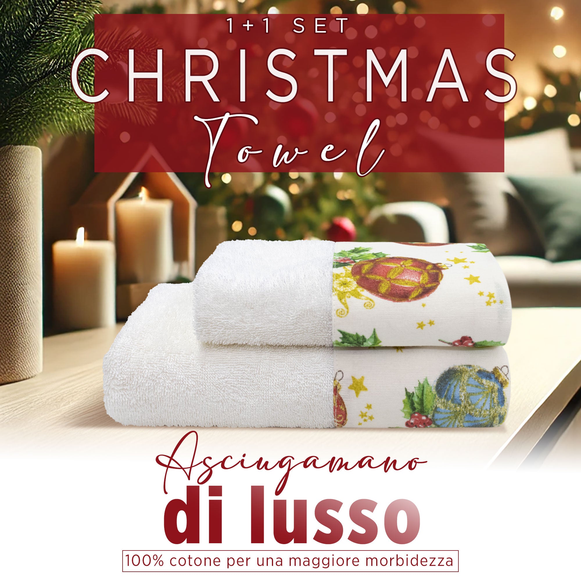 Asciugamani Natalizi Bagno set 1+1 in Spugna di Cotone Decoro Natale 6982