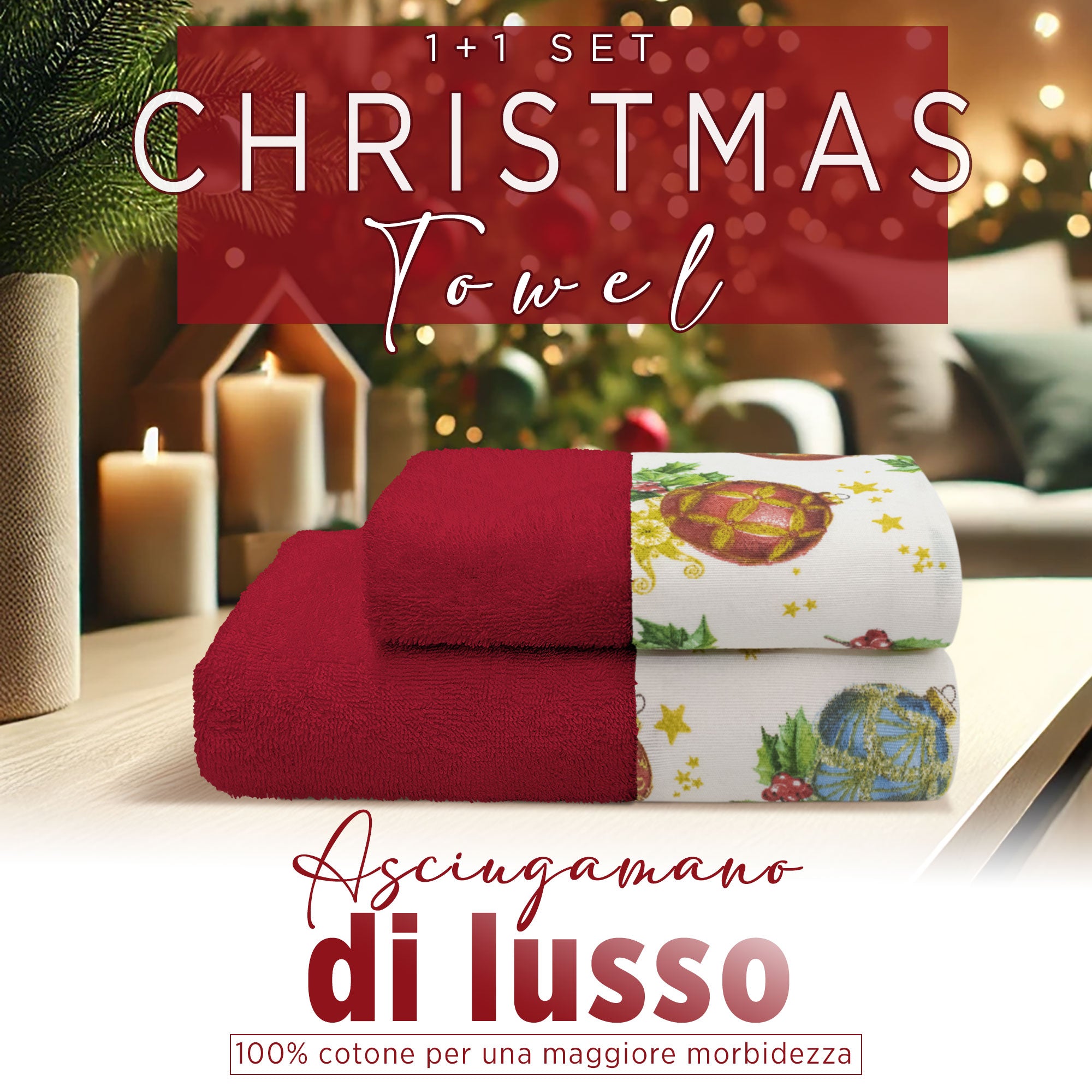 Asciugamani Natalizi Bagno set 1+1 in Spugna di Cotone Decoro Natale 6982