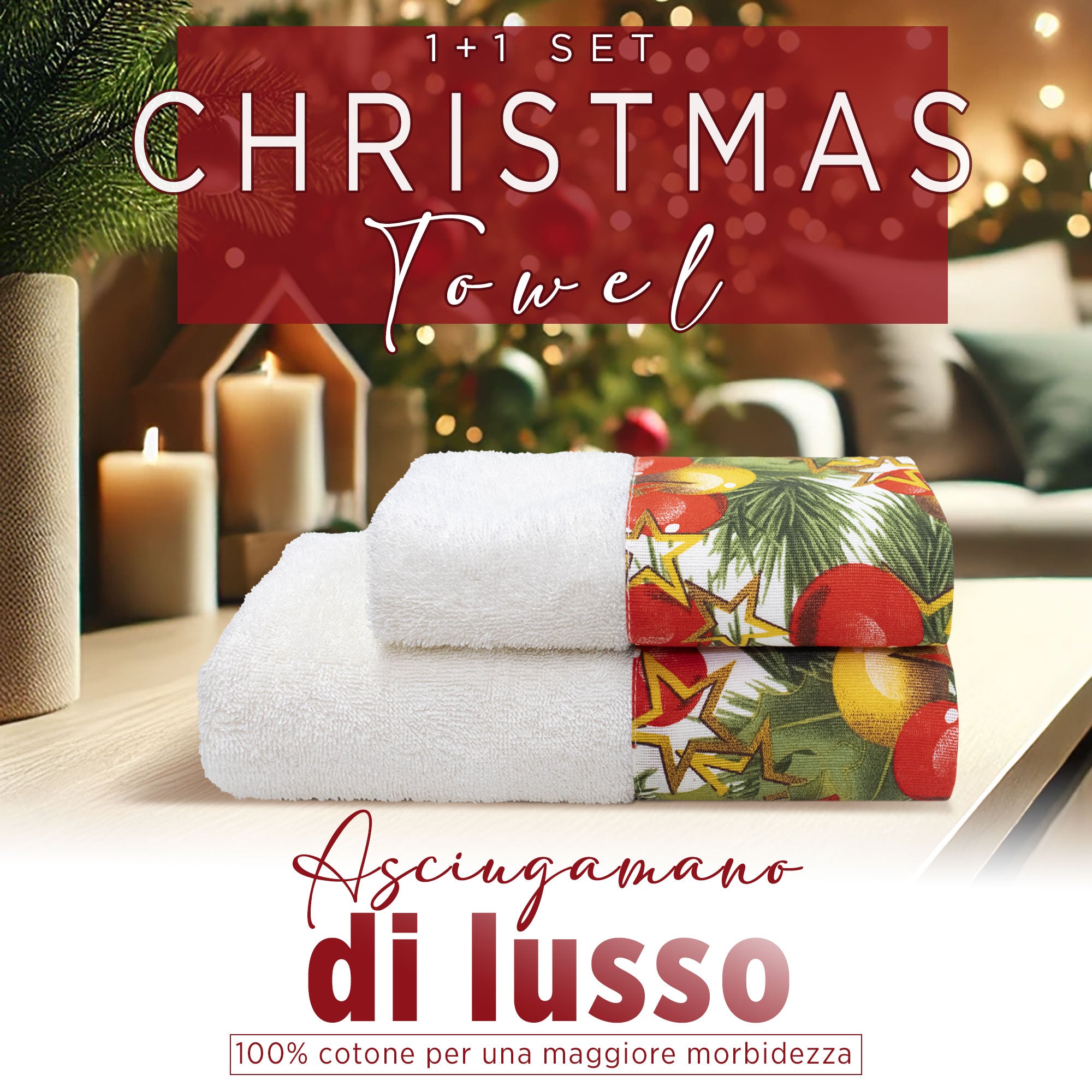 Asciugamani Natalizi Bagno set 1+1 in Spugna di Cotone Decoro Natale 6982