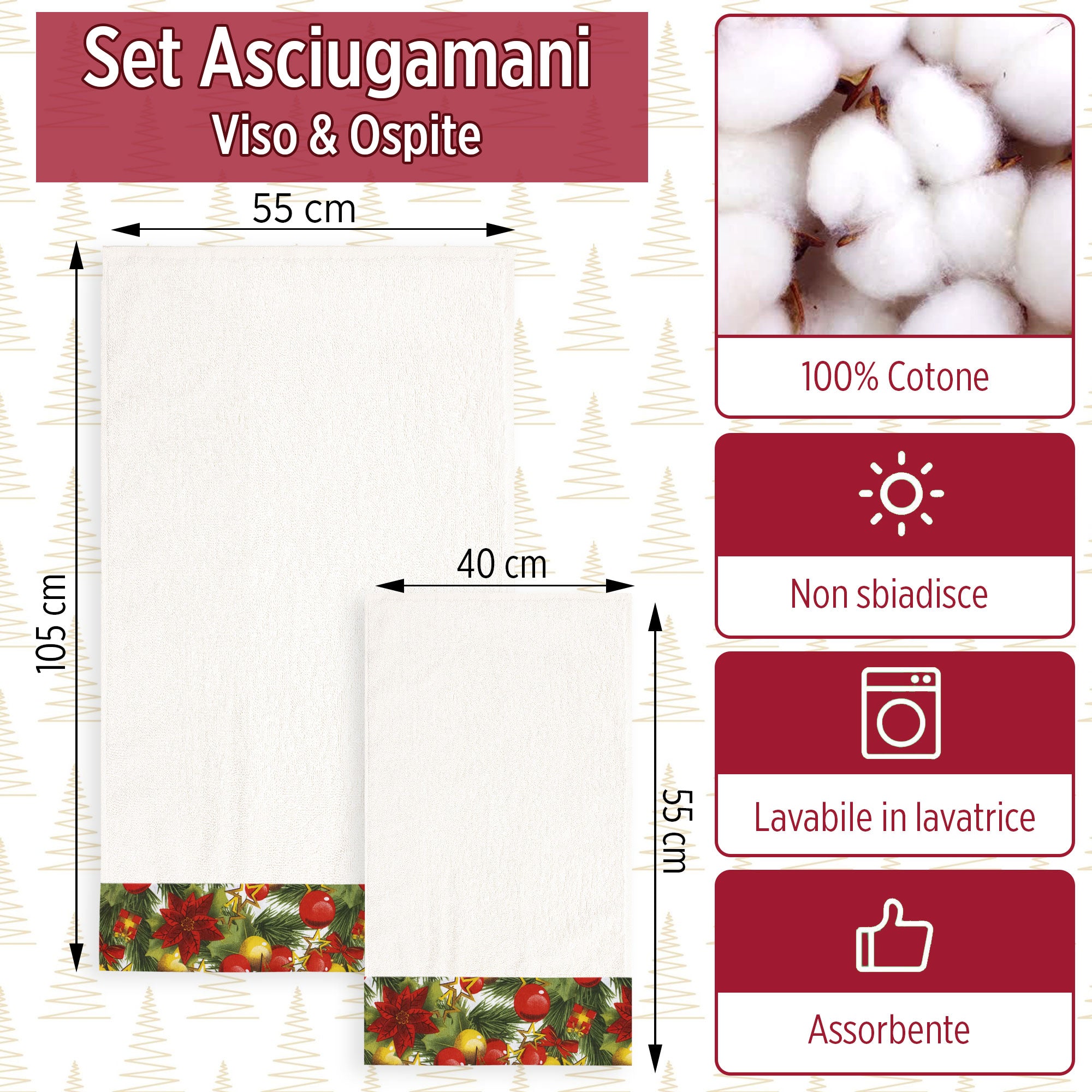 Asciugamani Natalizi Bagno set 1+1 in Spugna di Cotone Decoro Natale 6982