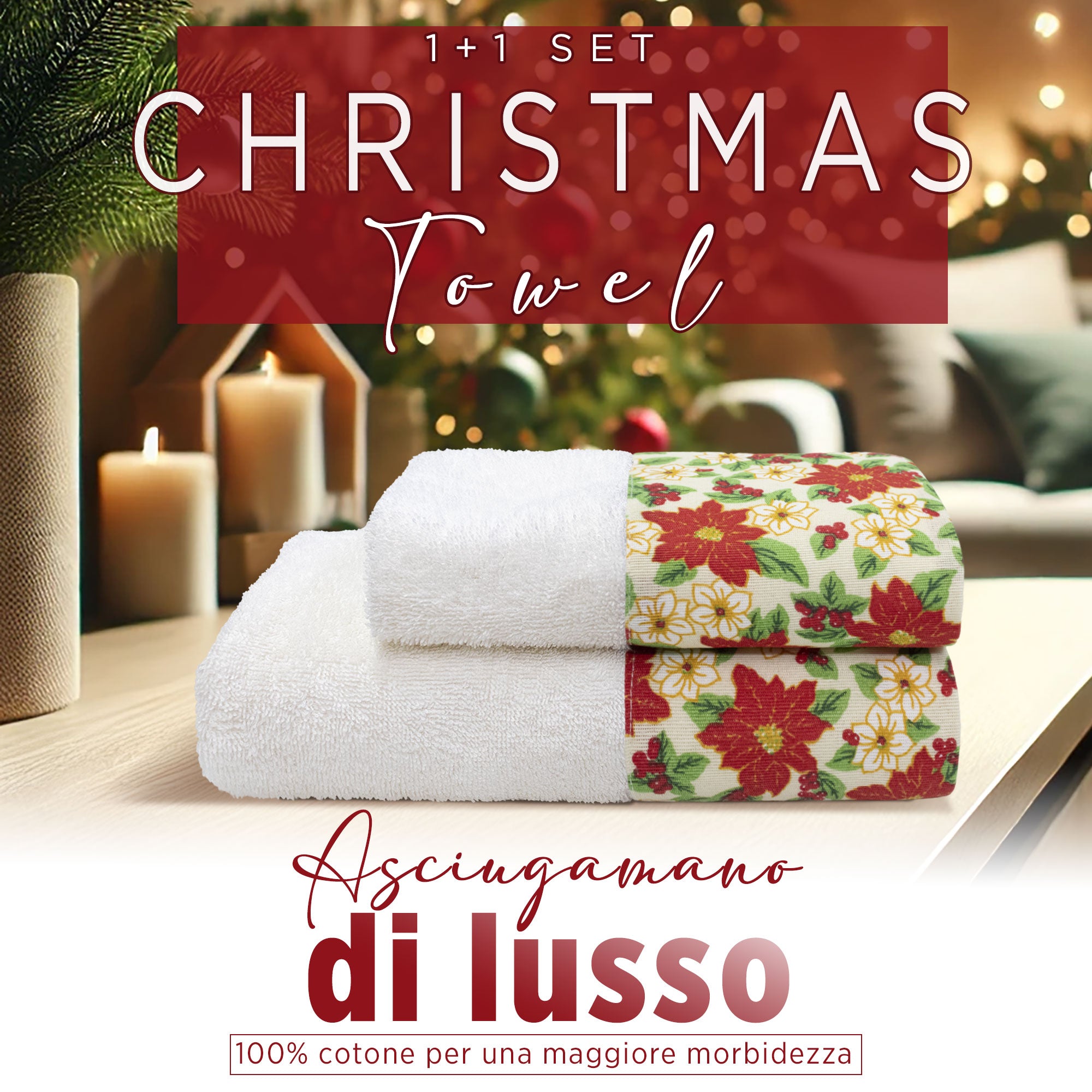 Asciugamani Natalizi Bagno set 1+1 in Spugna di Cotone Decoro Natale 6982