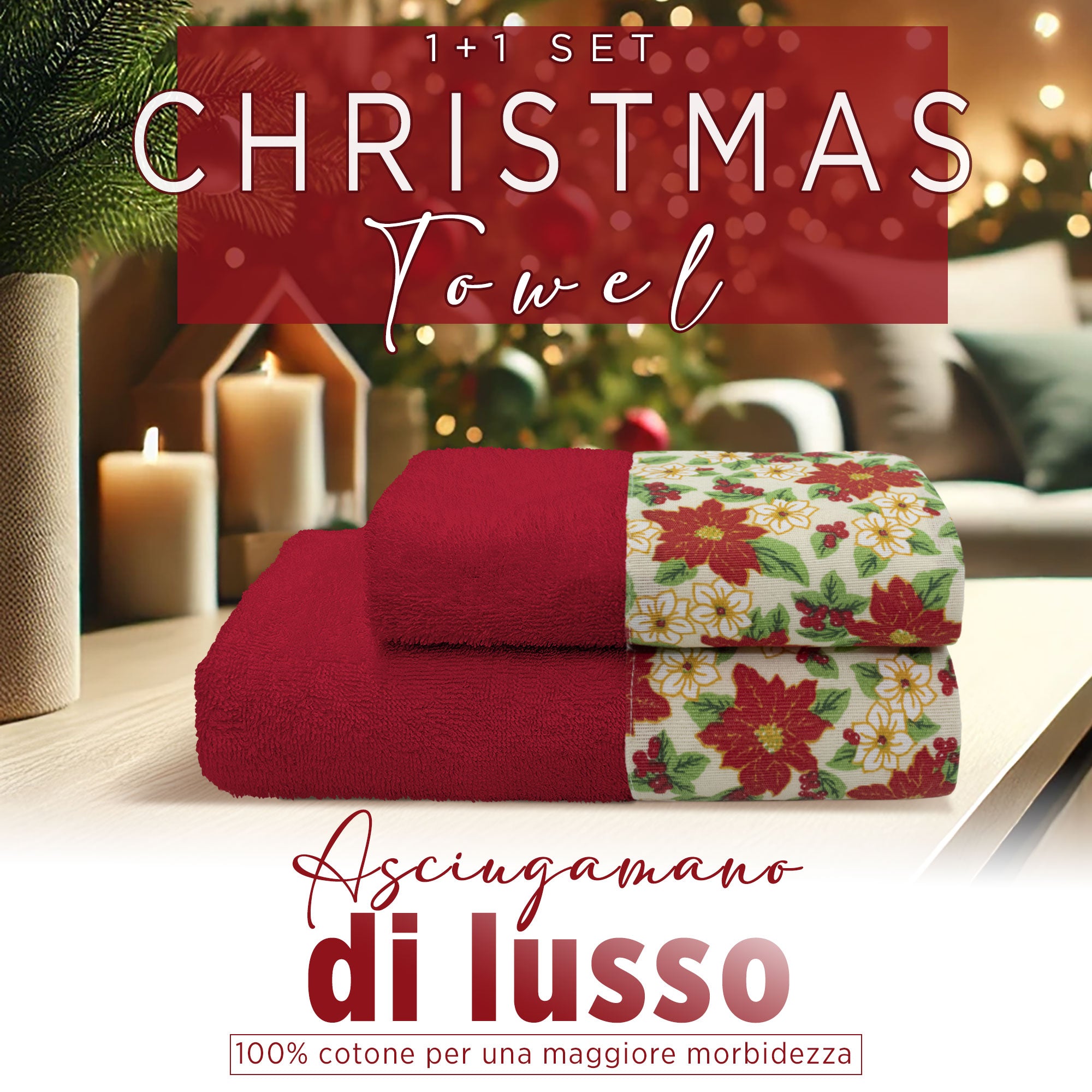 Asciugamani Natalizi Bagno set 1+1 in Spugna di Cotone Decoro Natale 6982