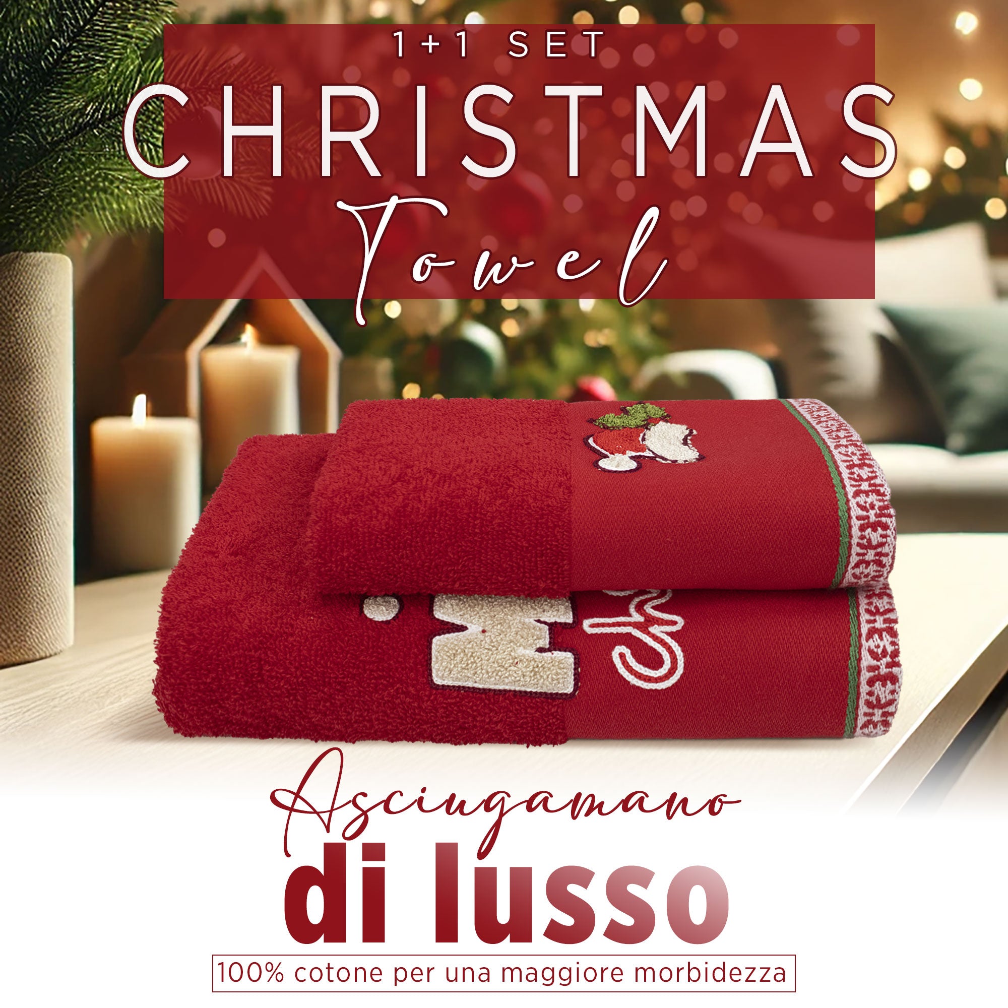 Asciugamani Natalizi Bagno set 1+1 in Spugna di Cotone Decoro Natale 6983