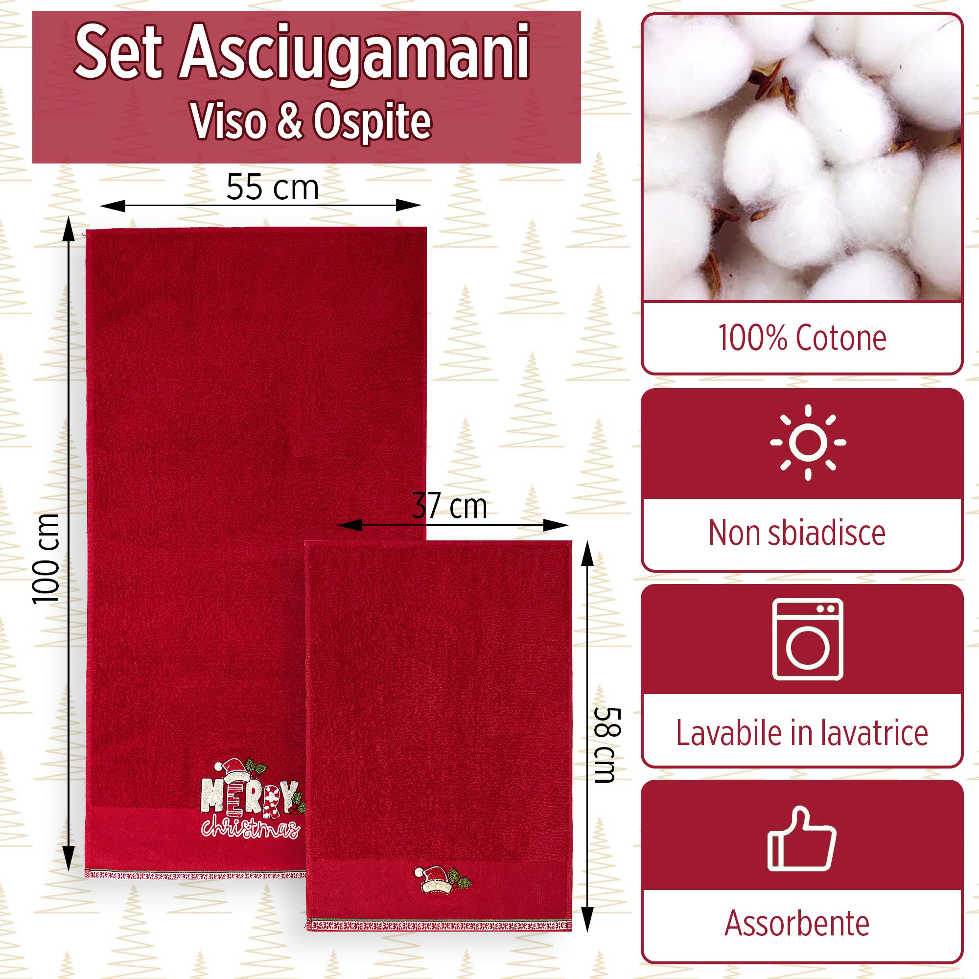 Asciugamani Natalizi Bagno set 1+1 in Spugna di Cotone Decoro Natale 6983