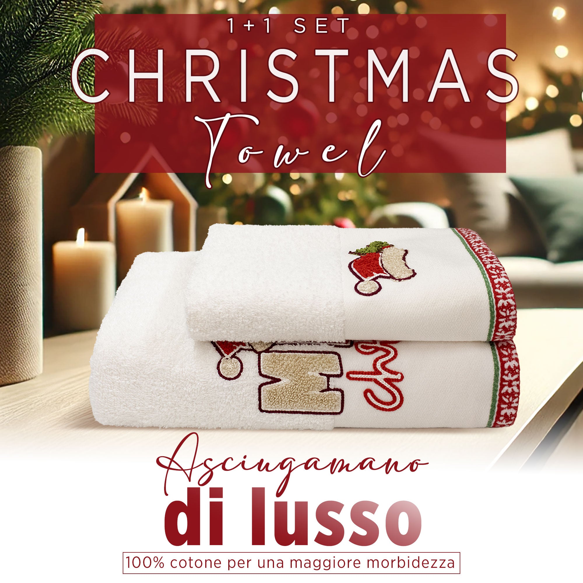 Asciugamani Natalizi Bagno set 1+1 in Spugna di Cotone Decoro Natale 6983