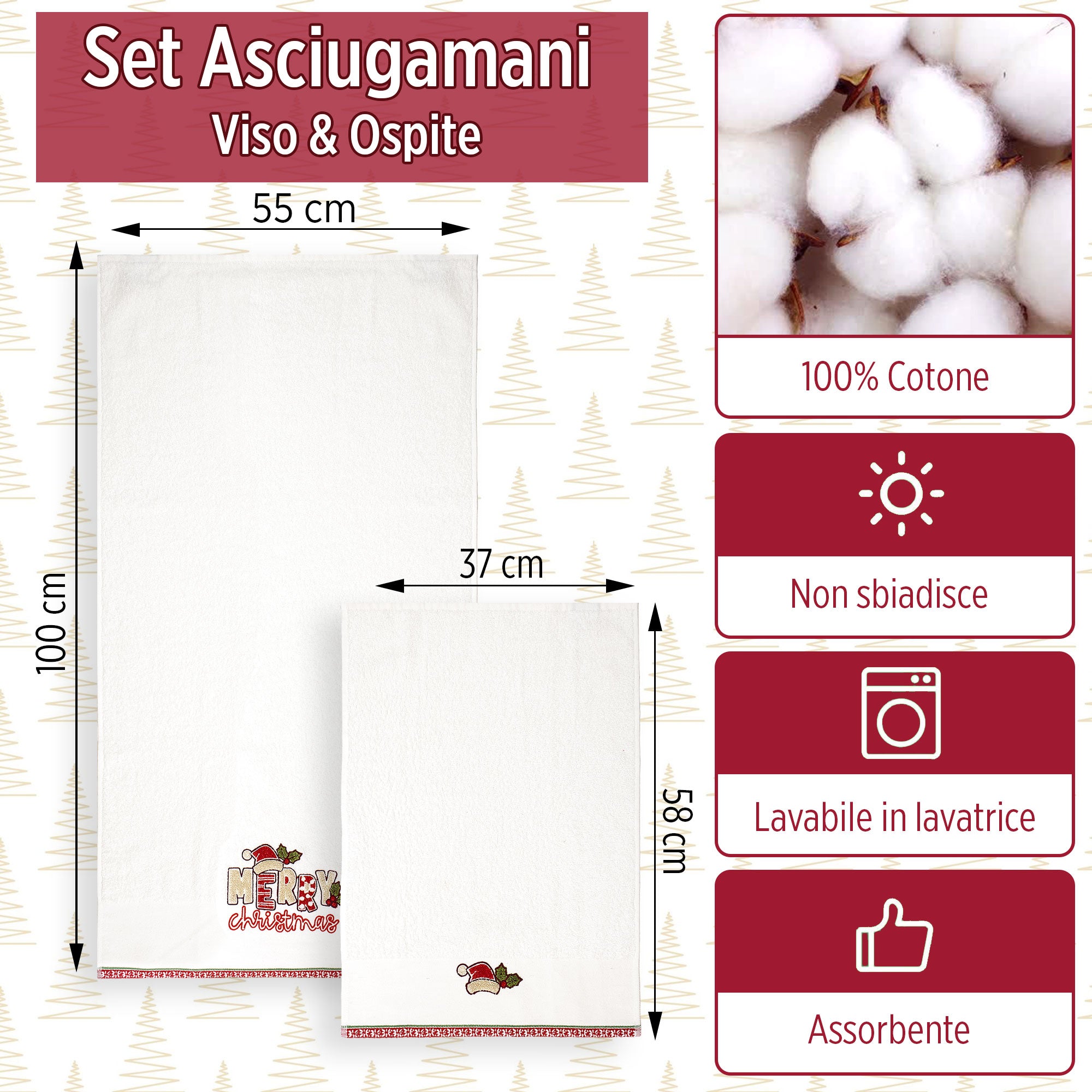 Asciugamani Natalizi Bagno set 1+1 in Spugna di Cotone Decoro Natale 6983